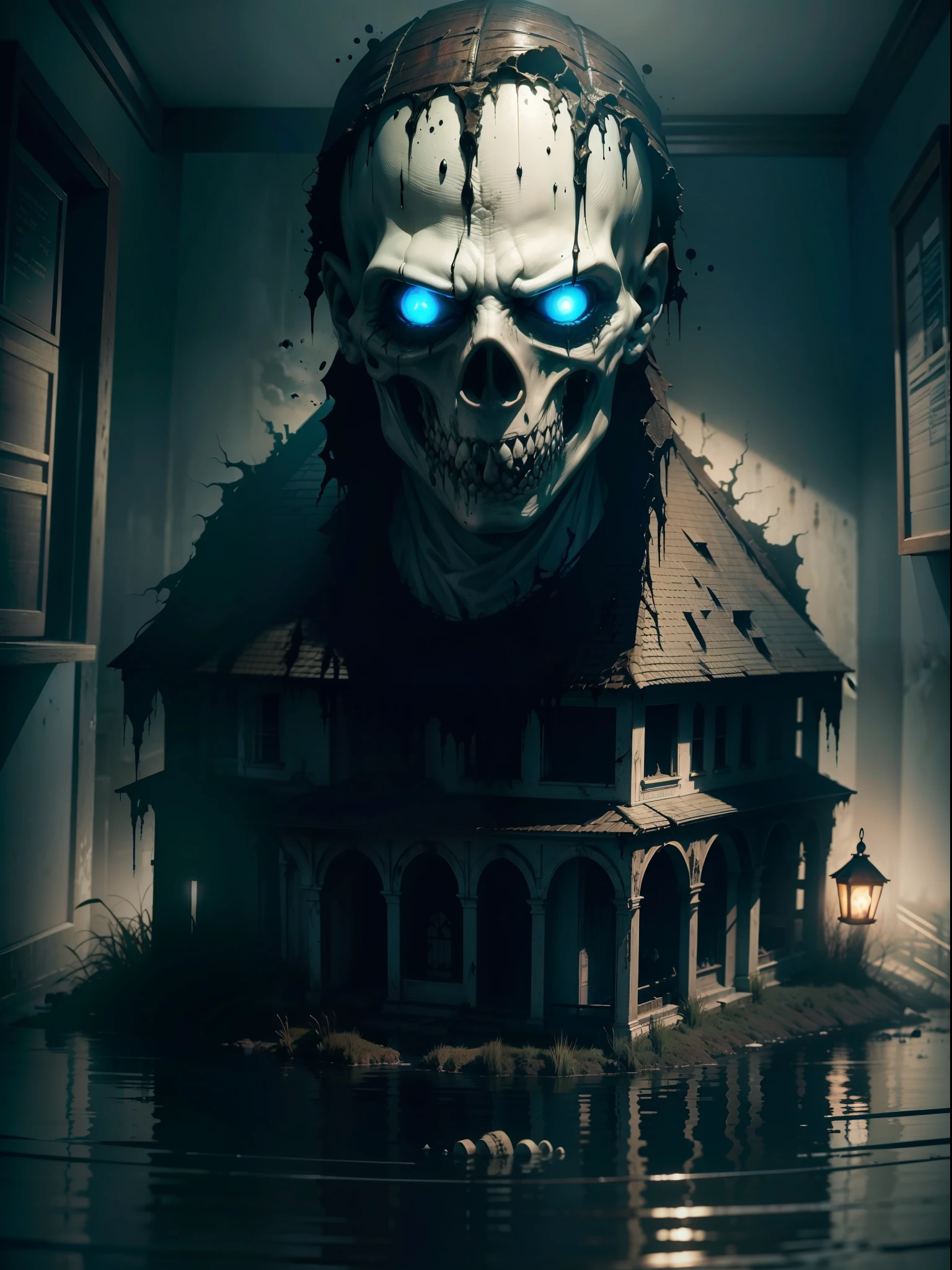 ((haunted house:1.2, terror:1.3, living water:1.2) AND (Home-Office Horror Styled Macabre:1.1)) Full-HD, 1080p, 16k, Realistic, Hyperrealistic, Hyper Real