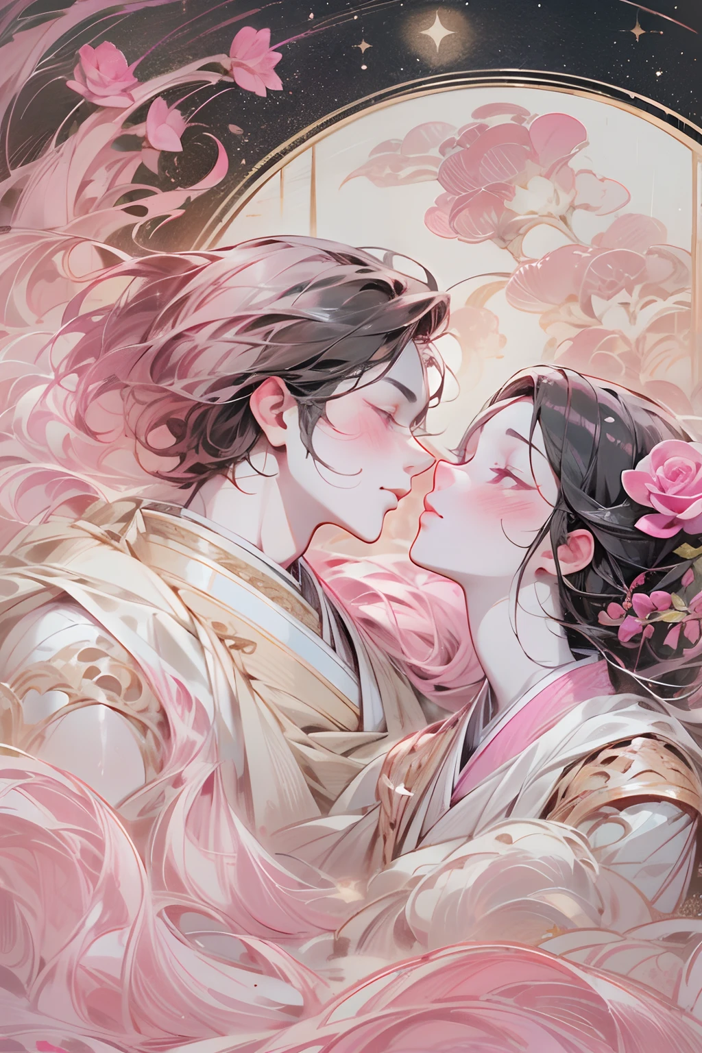 ,1 moon，Romantic couple kissing in the wind，anatomy correct, Delicate pattern，Oriental elements，Ink painting style, Clean colors,Pink rose space, Soft lighting, ( Bokeh)，Masterpiece, Super detailed, Epic composition, Highest quality, 8K，