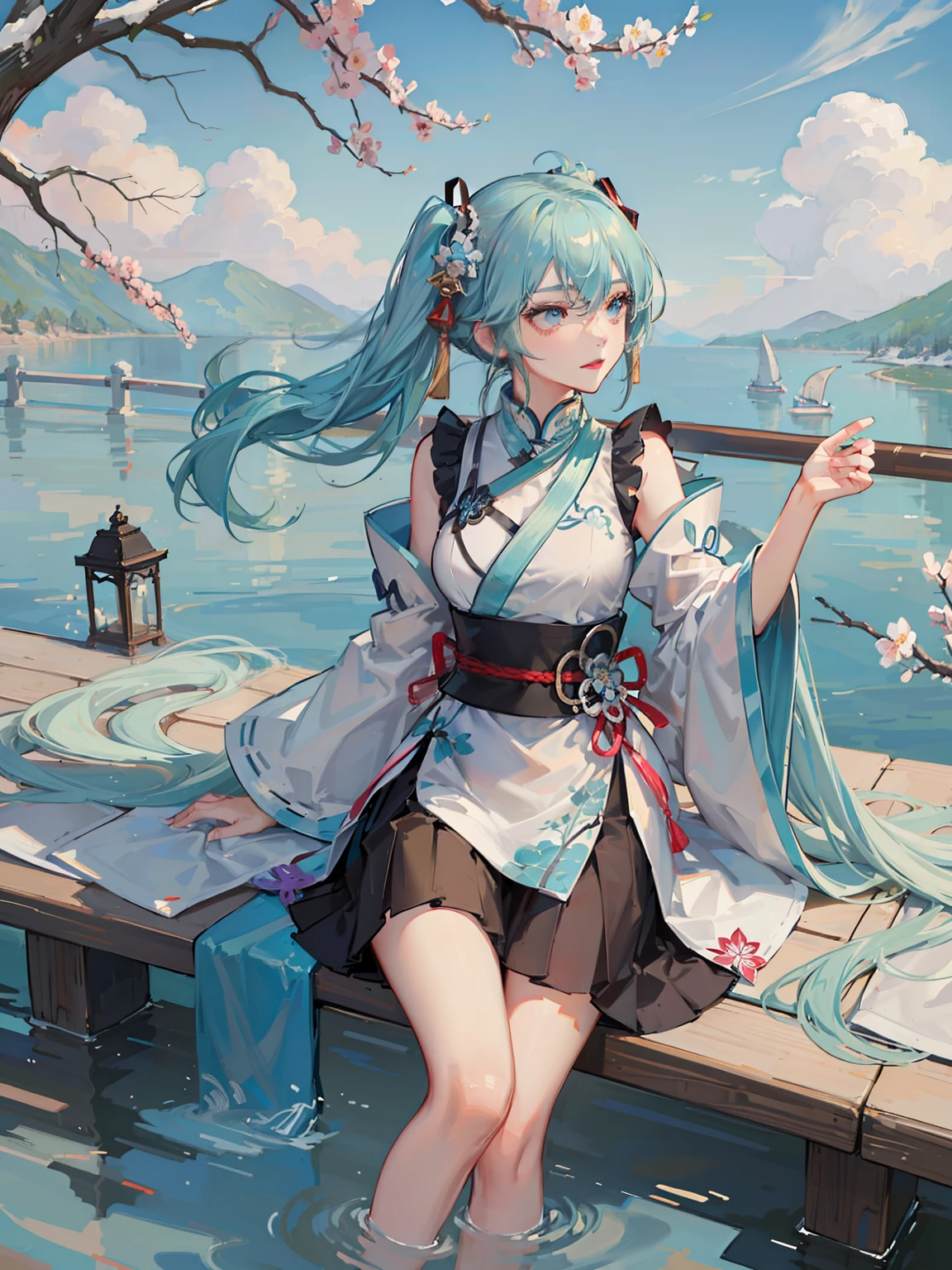 8K，Highest image quality，Big breasts Hatsune Miku，The color combination with a hint of chill is very close to the temperament of the original painting。The hatsune hairs on the plum blossom tree ripple like water waves，Very impressive，This mood is somewhat similar "Ao Xue Hanmei" In Chinese painting，It can be said that the painter combined Chinese rhythm with two-dimensional themes，Hatsune's turquoise was cold，It's a bit elegant，It echoes the snowy scenery of the base。Chinese white dress，Decorated with a crimson bow ribbon，The details of the costume fit perfectly with the style of the whole picture，The placket stand collar with Chinese elements is delicate and beautiful，The gray-green plain clothes under the white coat are very attractive。