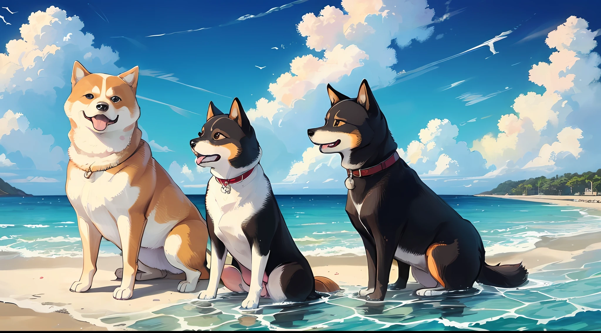 The dog of the black-brown big Shiba Inu is Wangpa
The yellow Shiba Inu's dog is Wangma
The sea with blue water, blue sky and white clouds
There are also 4 small Shiba Inu
Plus Wang's father and mother, a total of 6 dogs happily on the sailboat
