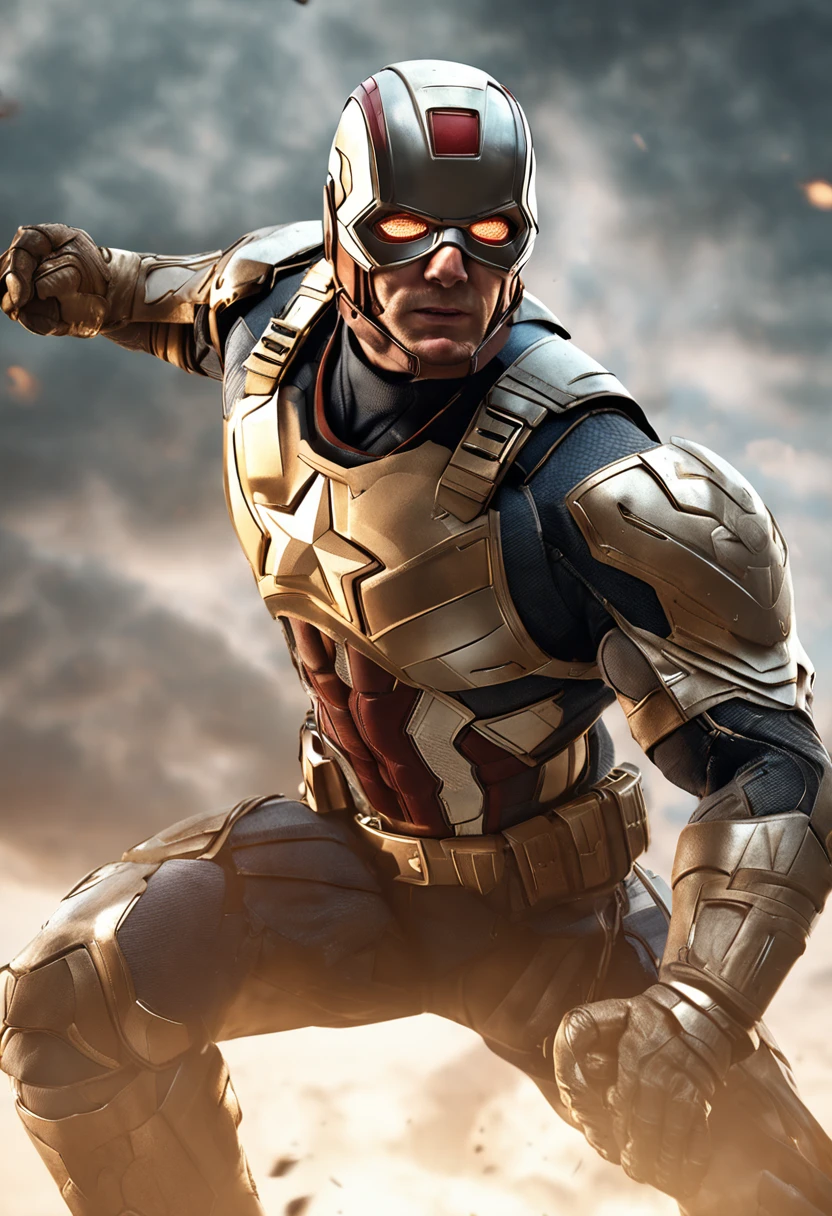 full body shot of captain america  in white and gold armour style suit, no mask on, white cape, looking at center camera, perfect composition, beautiful detailed intricate insanely detailed octane render trending on artstation, 8 k artistic photography, photorealistic concept art, soft natural volumetric cinematic perfect light, chiaroscuro, award - winning photograph, masterpiece, oil on canvas, raphael, caravaggio, greg rutkowski, beeple, beksinski, giger, trending on artstation, sharp focus, studio photo, intricate details, highly detailed, night city background, by greg rutkowski