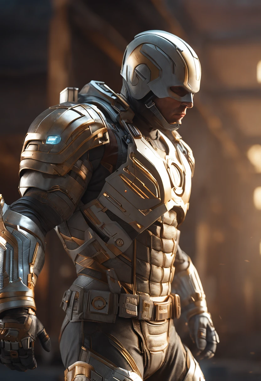 full body shot of captain america  in white and gold armour style suit, no mask on, white cape, looking at center camera, perfect composition, beautiful detailed intricate insanely detailed octane render trending on artstation, 8 k artistic photography, photorealistic concept art, soft natural volumetric cinematic perfect light, chiaroscuro, award - winning photograph, masterpiece, oil on canvas, raphael, caravaggio, greg rutkowski, beeple, beksinski, giger, trending on artstation, sharp focus, studio photo, intricate details, highly detailed, night city background, by greg rutkowski