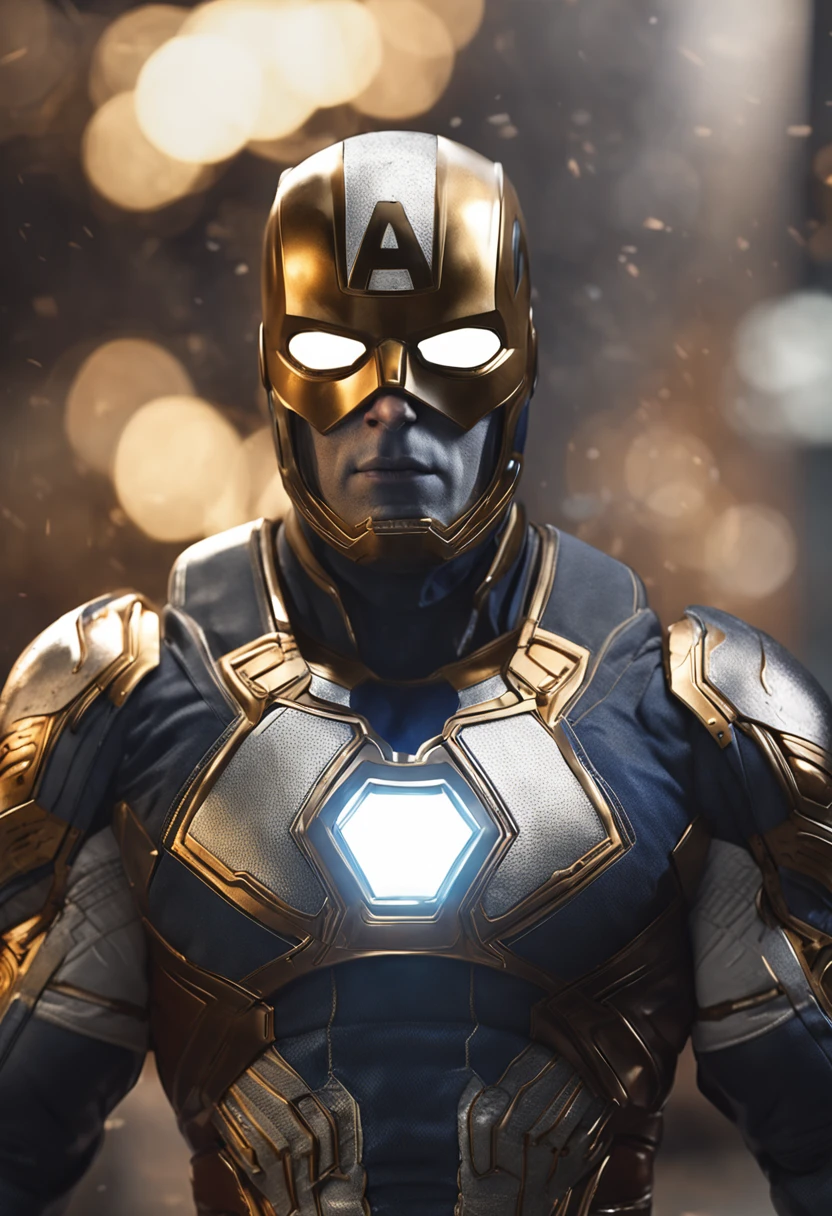 full body shot of captain america in white and gold armour style suit, no mask on, white cape, looking at center camera, perfect composition, beautiful detailed intricate insanely detailed octane render trending on artstation, 8 k artistic photography, photorealistic concept art, soft natural volumetric cinematic perfect light, chiaroscuro, award - winning photograph, masterpiece, oil on canvas, raphael, caravaggio, greg rutkowski, beeple, beksinski, giger, trending on artstation, sharp focus, studio photo, intricate details, highly detailed, night city background, by greg rutkowski