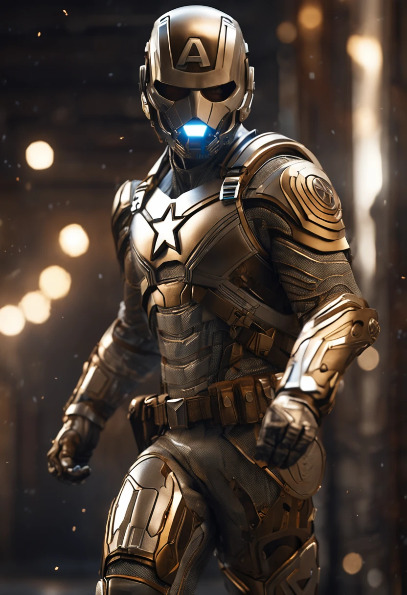 full body shot of captain america in white and gold armour style suit, no mask on, white cape, looking at center camera, perfect composition, beautiful detailed intricate insanely detailed octane render trending on artstation, 8 k artistic photography, photorealistic concept art, soft natural volumetric cinematic perfect light, chiaroscuro, award - winning photograph, masterpiece, oil on canvas, raphael, caravaggio, greg rutkowski, beeple, beksinski, giger, trending on artstation, sharp focus, studio photo, intricate details, highly detailed, night city background, by greg rutkowski