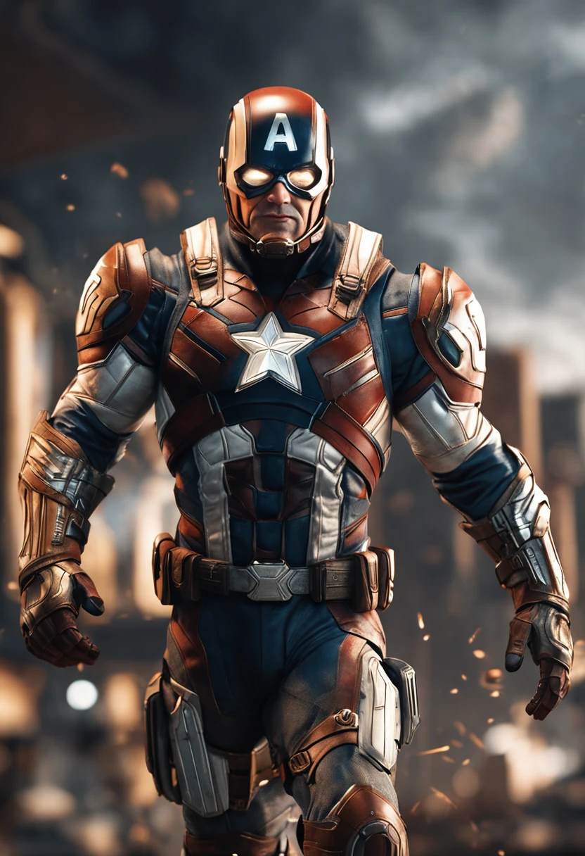 full body shot of captain america in white and gold armour style suit, no mask on, white cape, looking at center camera, perfect composition, beautiful detailed intricate insanely detailed octane render trending on artstation, 8 k artistic photography, photorealistic concept art, soft natural volumetric cinematic perfect light, chiaroscuro, award - winning photograph, masterpiece, oil on canvas, raphael, caravaggio, greg rutkowski, beeple, beksinski, giger, trending on artstation, sharp focus, studio photo, intricate details, highly detailed, night city background, by greg rutkowski