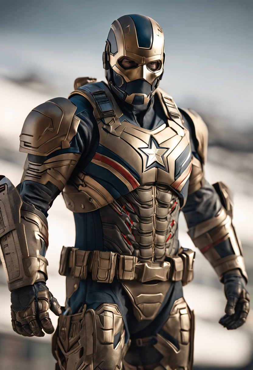 full body shot of captain america in white and gold armour style suit, no mask on, white cape, looking at center camera, perfect composition, beautiful detailed intricate insanely detailed octane render trending on artstation, 8 k artistic photography, photorealistic concept art, soft natural volumetric cinematic perfect light, chiaroscuro, award - winning photograph, masterpiece, oil on canvas, raphael, caravaggio, greg rutkowski, beeple, beksinski, giger, trending on artstation, sharp focus, studio photo, intricate details, highly detailed, night city background, by greg rutkowski