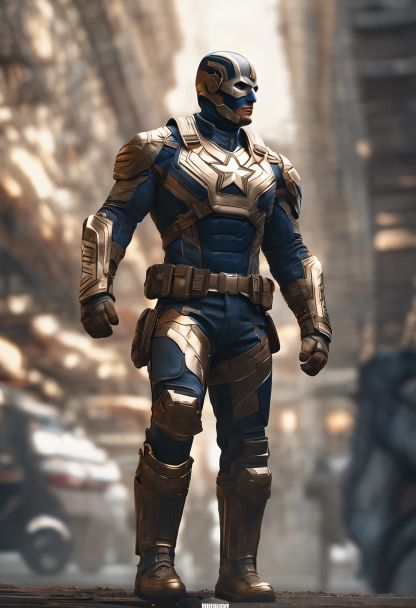 full body shot of captain america in white and gold armour style suit, no mask on, white cape, looking at center camera, perfect composition, beautiful detailed intricate insanely detailed octane render trending on artstation, 8 k artistic photography, photorealistic concept art, soft natural volumetric cinematic perfect light, chiaroscuro, award - winning photograph, masterpiece, oil on canvas, raphael, caravaggio, greg rutkowski, beeple, beksinski, giger, trending on artstation, sharp focus, studio photo, intricate details, highly detailed, night city background, by greg rutkowski