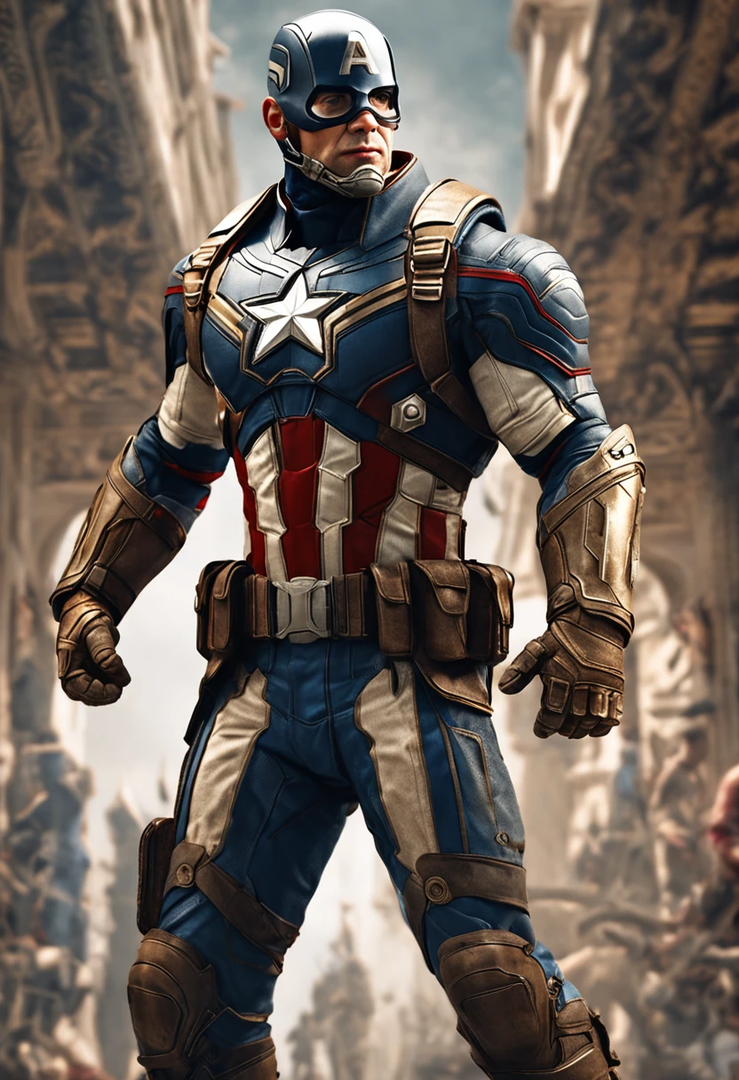 full body shot of captain america  in white and gold armour style suit, no mask on, white cape, looking at center camera, perfect composition, beautiful detailed intricate insanely detailed octane render trending on artstation, 8 k artistic photography, photorealistic concept art, soft natural volumetric cinematic perfect light, chiaroscuro, award - winning photograph, masterpiece, oil on canvas, raphael, caravaggio, greg rutkowski, beeple, beksinski, giger, trending on artstation, sharp focus, studio photo, intricate details, highly detailed, night city background, by greg rutkowski