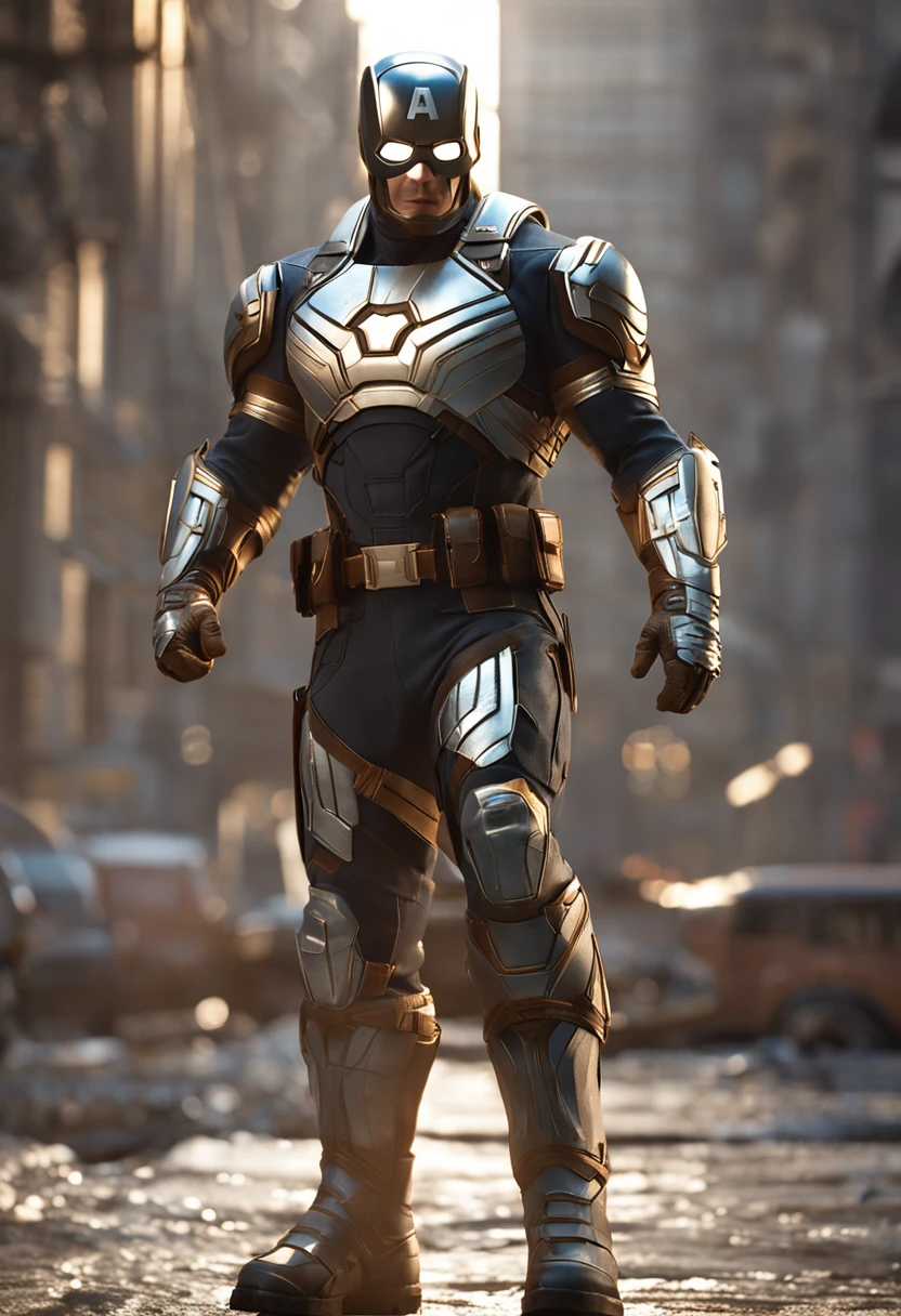 full body shot of captain america  in white and gold armour style suit, no mask on, white cape, looking at center camera, perfect composition, beautiful detailed intricate insanely detailed octane render trending on artstation, 8 k artistic photography, photorealistic concept art, soft natural volumetric cinematic perfect light, chiaroscuro, award - winning photograph, masterpiece, oil on canvas, raphael, caravaggio, greg rutkowski, beeple, beksinski, giger, trending on artstation, sharp focus, studio photo, intricate details, highly detailed, night city background, by greg rutkowski