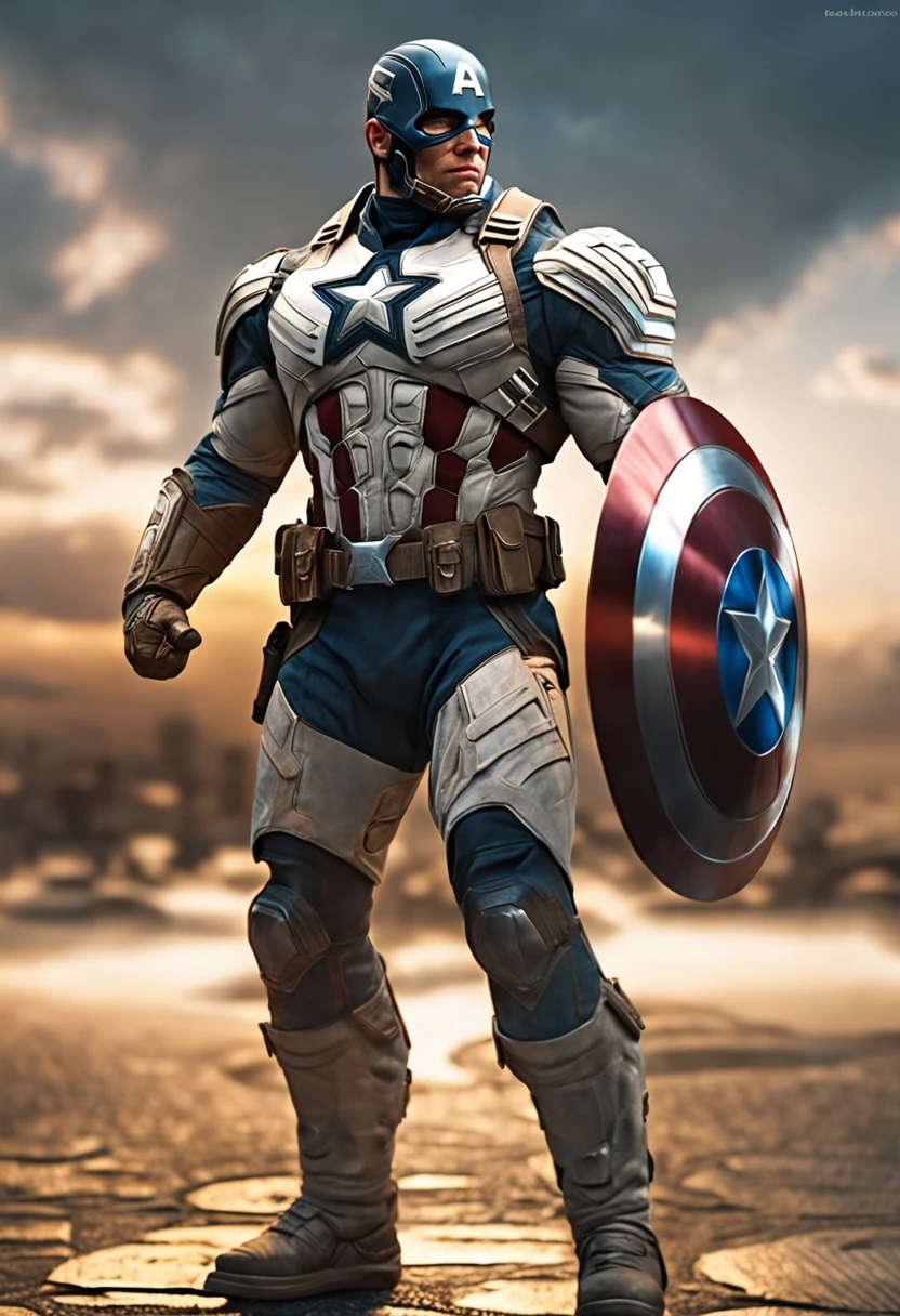 full body shot of captain america  in white and gold armour style suit, no mask on, white cape, looking at center camera, perfect composition, beautiful detailed intricate insanely detailed octane render trending on artstation, 8 k artistic photography, photorealistic concept art, soft natural volumetric cinematic perfect light, chiaroscuro, award - winning photograph, masterpiece, oil on canvas, raphael, caravaggio, greg rutkowski, beeple, beksinski, giger, trending on artstation, sharp focus, studio photo, intricate details, highly detailed, night city background, by greg rutkowski