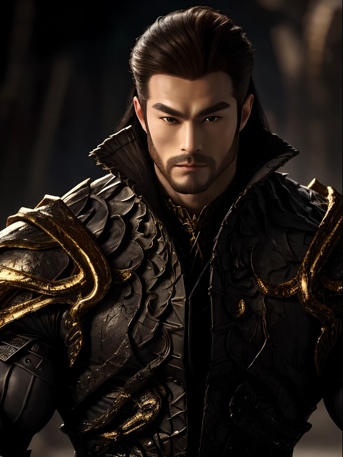 Best quality, Masterpiece, 超高分辨率, Photorealistic, (mascular, Strong bodybuilder) A man in black and gold armor, shelmet, Detailed skin, Facial hair, Long beard, Cinematic lighting, black shadows, Long black hair, Biomechanical environment