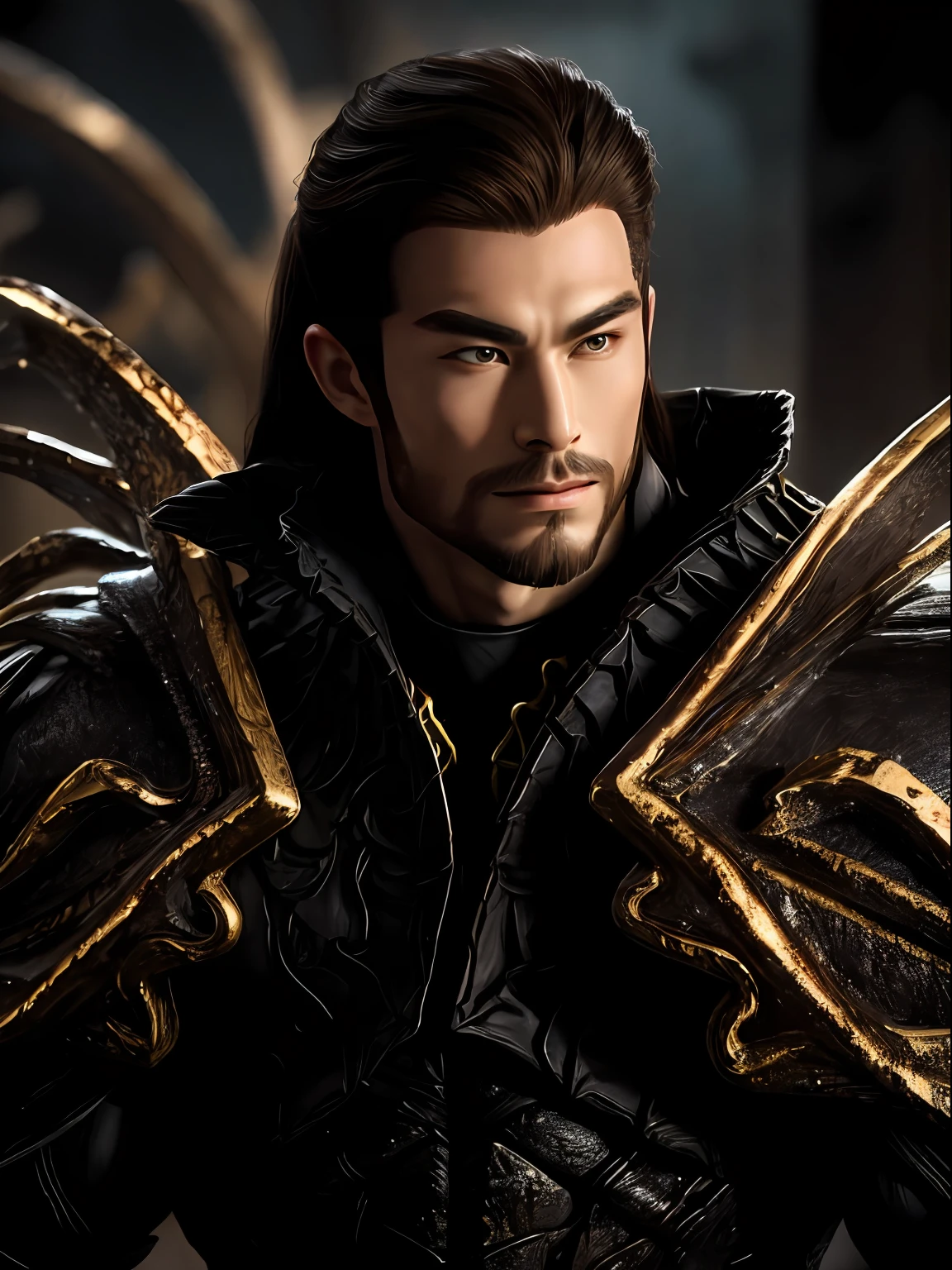 Best quality, Masterpiece, 超高分辨率, Photorealistic, (mascular, Strong bodybuilder) A man in black and gold armor, shelmet, Detailed skin, Facial hair, Long beard, Cinematic lighting, black shadows, Long black hair, Biomechanical environment
