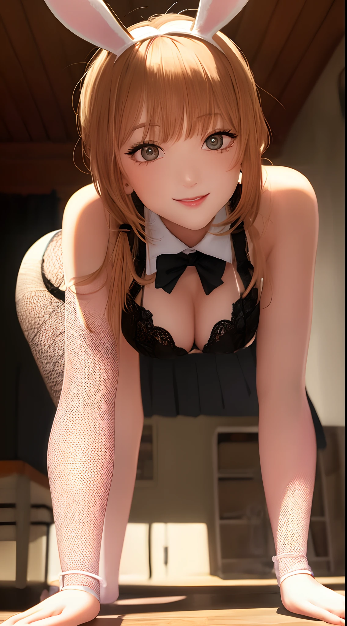 (RAW photo: 1.2), top quality, beautiful detailed girl, bunny girl, smile, blonde, twin tails, highly detailed eyes and face, beautiful detailed eyes, huge file size, high resolution, high resolution, 8k wallpaper, fine detail, highly detailed ticker uniform 8k wallpaper, light on face, movie lighting, girl, sexy pose, (photorealism: 1.4), Illustration, surrealism, from below, super detail, masterpiece, playboy bunny, fishnet pantyhose, on all fours