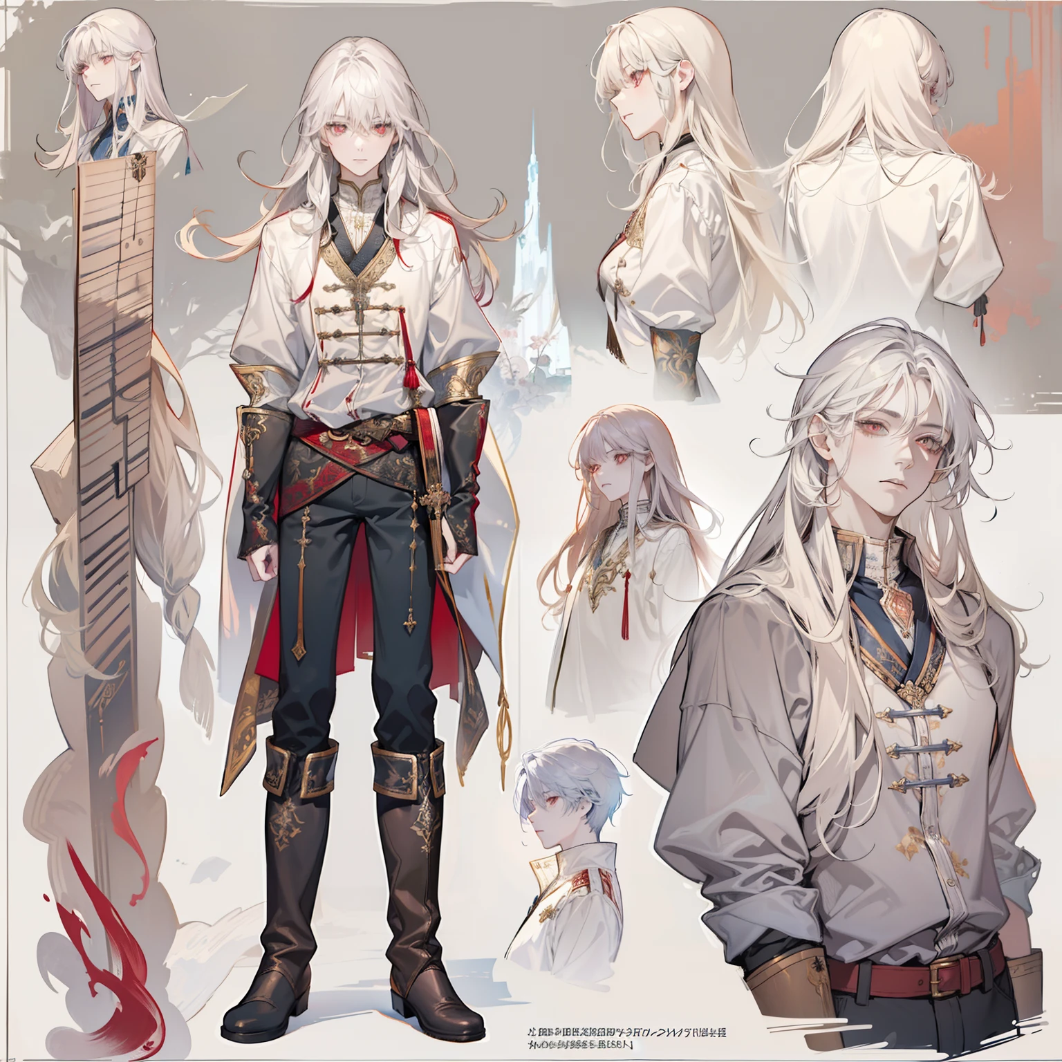 1 boy, solo, emo boy, long hair, flowing straight hair, red eyes, shirt, high boots, Lightweight clothing, Scandinavia theme, Scandinavian clothes, looking at viewer, fantasy art, beautiful painting, guwaika style, epic exquisite character art, stunning characters, man, lean (reference sheet:1.5)