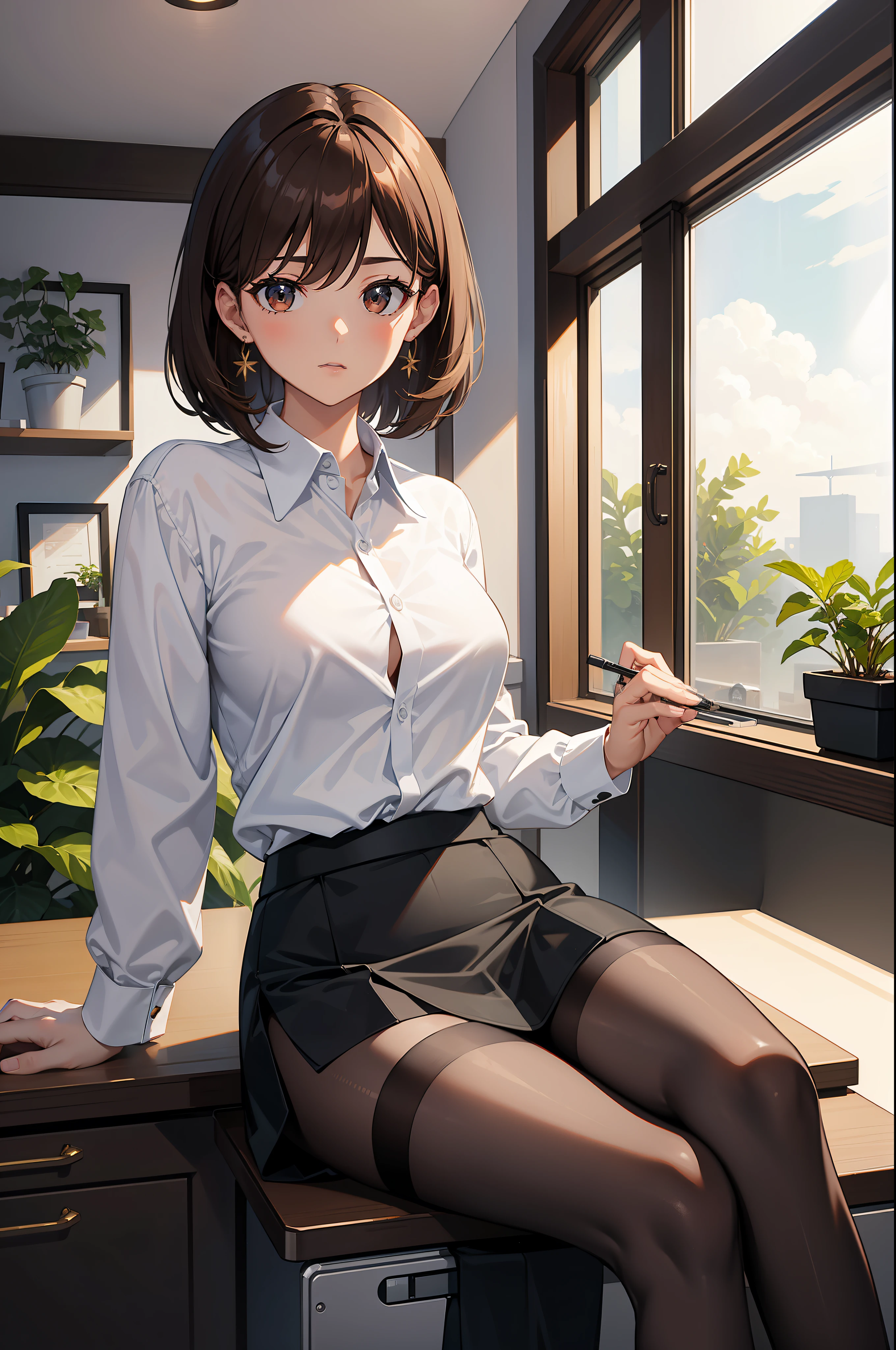 Need，tmasterpiece，Lots of detail，Highest high resolution，office room，workplace，1female，brown  hair，short detailed hair，with brown eye，White shirt top，Black hip skirt，black pantyhoses，office desk，There are potted plants on the table，There is a computer on the desk、mouse。