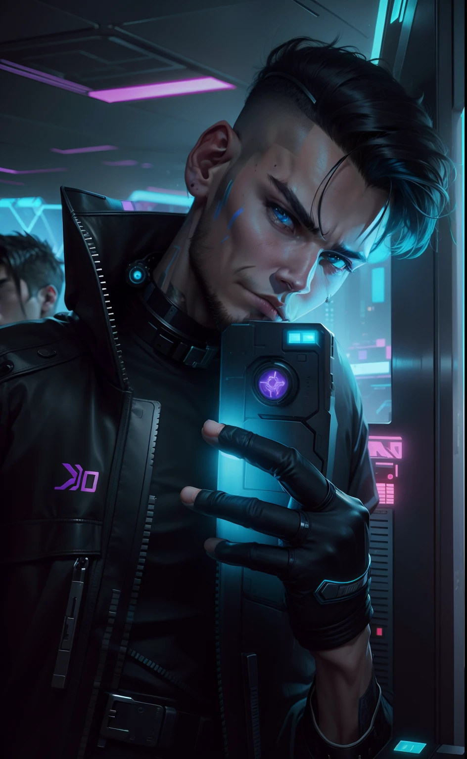 cyberpunk, don't change face shape, change background handsome boy