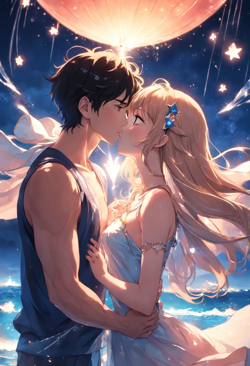 Romantic couple kissing in the wind，Boys and girls，glowing stars，Glow effects，Heart-shaped bubbles，the night，On a cruise ship，The face is clear and accurate，detail in face，super-fine，beachside，16K resolution，high qulity，电影灯光，High picture detail，dynamic viewing angle，Detailed pubic hair，Epic shooting，oc rendered