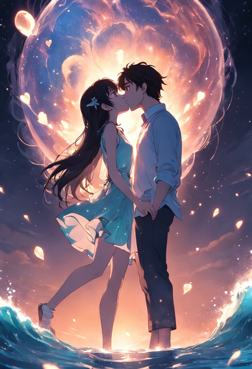 Romantic couple kissing in the wind,Boys and girls,glowing stars,Glow effects,Heart-shaped bubbles,the night,On a cruise ship,The face is clear and accurate,detail in face,super-fine,beachside,16K resolution,high qulity,电影灯光,High picture detail,dynamic viewing angle,Detailed pubic hair,Epic shooting,oc rendered