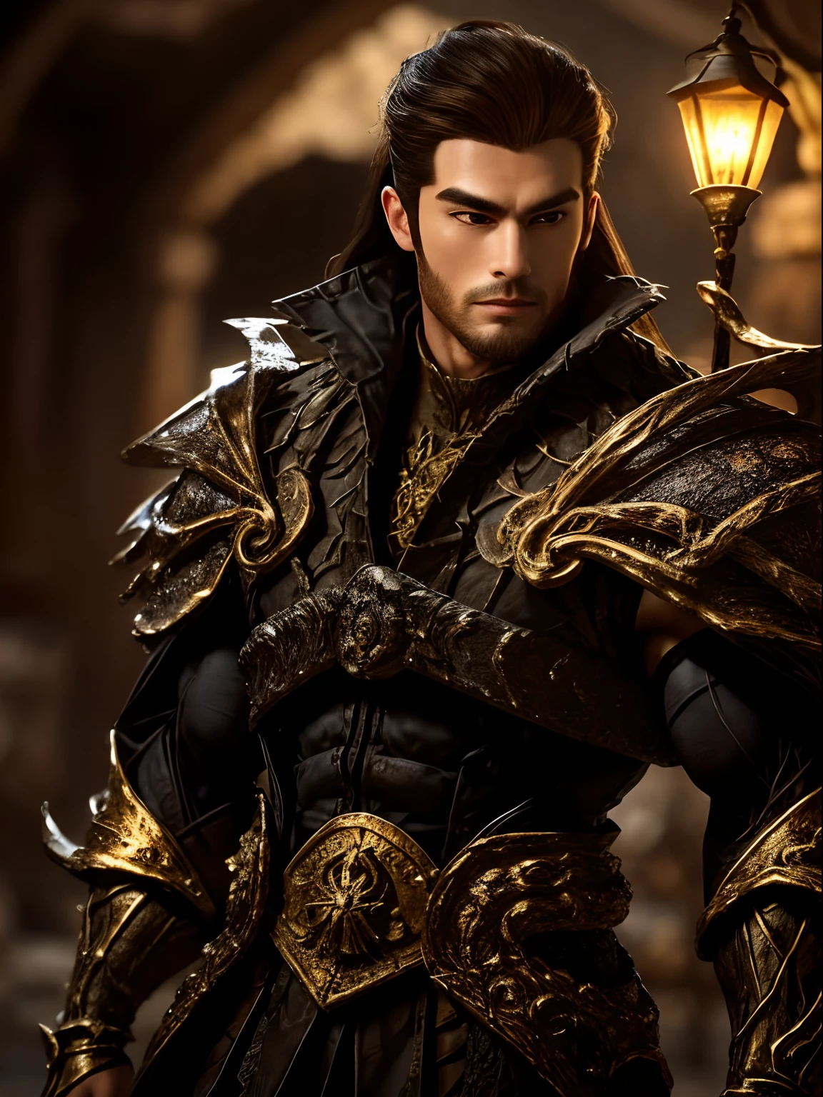 Best quality, Masterpiece, 超高分辨率, Photorealistic, (mascular, Strong bodybuilder) A man in black and gold armor, shelmet, Detailed skin, Facial hair, Long beard, Cinematic lighting, black shadows, Long black hair, Biomechanical environment,seaside backgroud,Blue sky,fantasy,lamplight,realisticlying, The is very detailed, 复杂, high detal