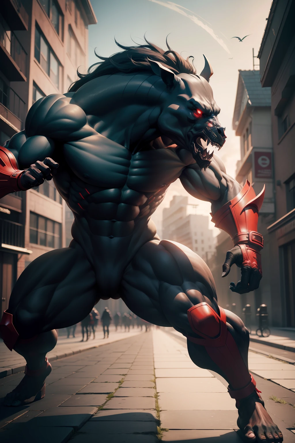 street-fighter, nuckelavee-head, building-background, masterpiece, 3d render, high quality, high detailed, epic, dynamic effect, specular lighting, hdr, 8k full body picture quality, nanite raytraced, 8k resolution, intricate, dramatic, best quality, ultra high res, nu no humans, illustration, rich colors and exaggerated shapes,