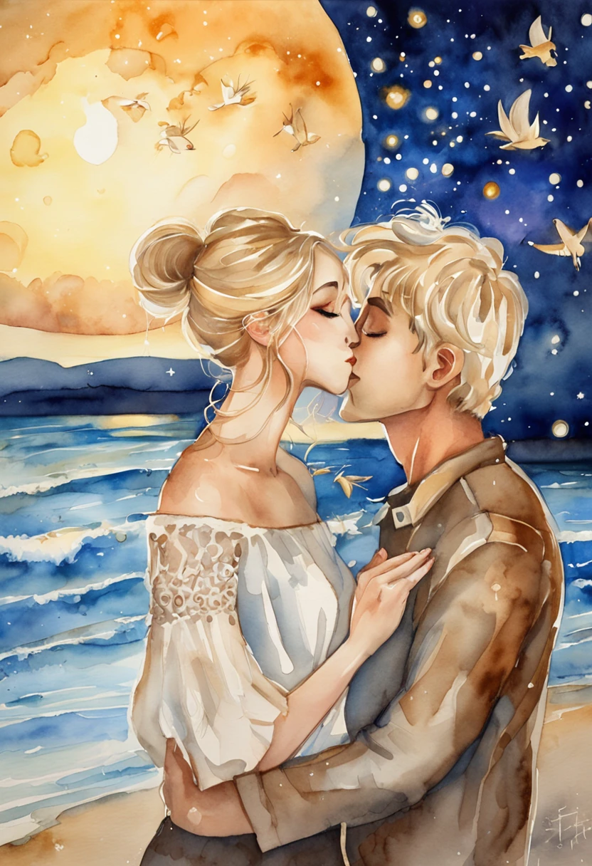 Romantic couple kissing in the wind,Boys and girls,glowing stars,Glow effects,Heart-shaped bubbles,the night,On a cruise ship,The face is clear and accurate,detail in face,super-fine,beachside,16K resolution,high qulity,电影灯光,High picture detail,dynamic viewing angle,Detailed pubic hair,Epic shooting,oc rendered