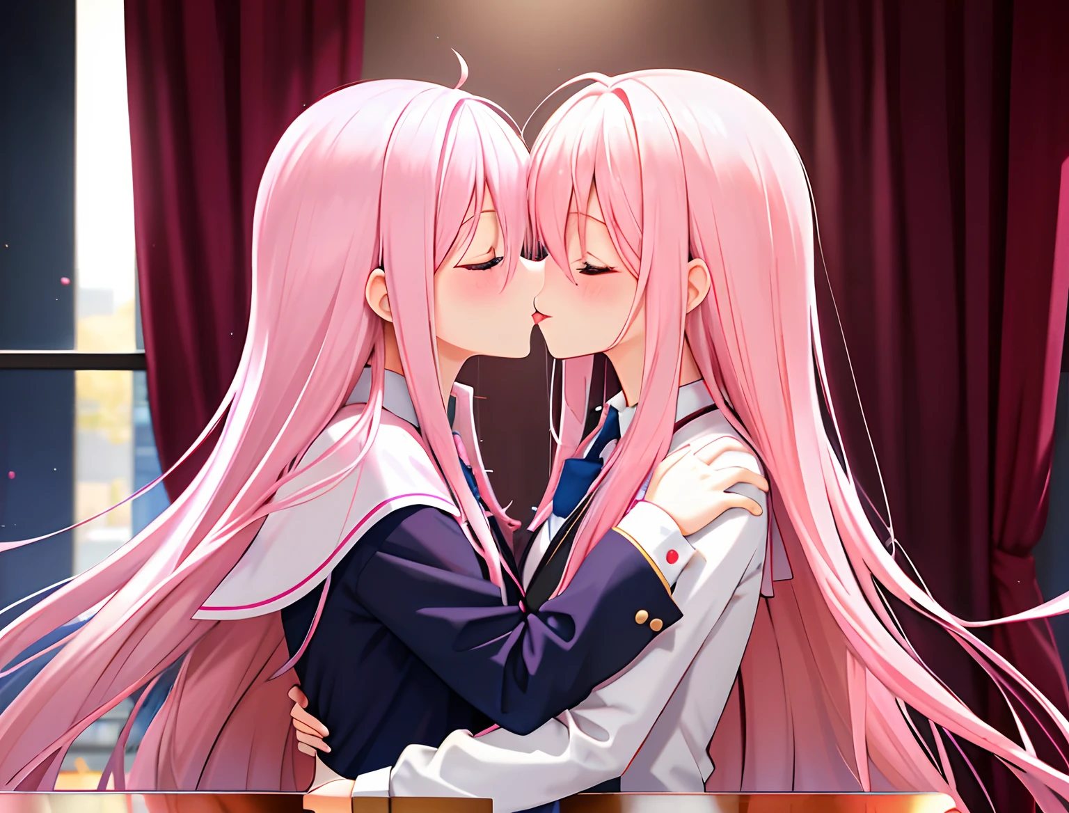 HighestQuali,Both stick out their tongues,deep kisses,Kiss,2girls,Girl1:adolable,A pink-haired,long whitr hair,girl 2:adolable,A pink-haired,long whitr hair,Symmetrical_docking,kissing and hugging,In the classroom