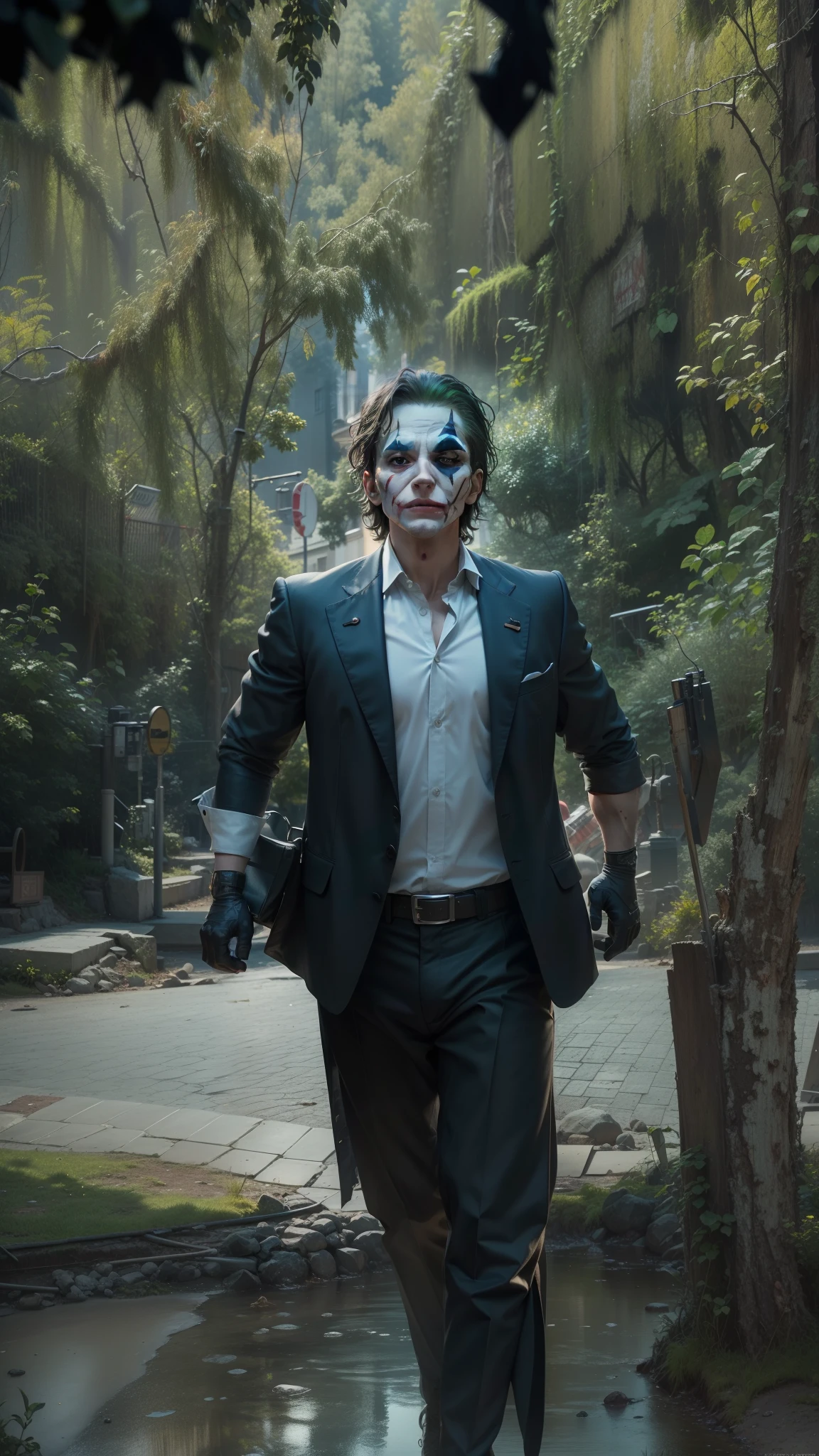 Creating with the real face shown in image (8k, RAW photo, best quality, masterpiece:1.2), ultra detailed, official art, photo-realistic:1.37, upper body shot, DC Joker, film grain, action pose
