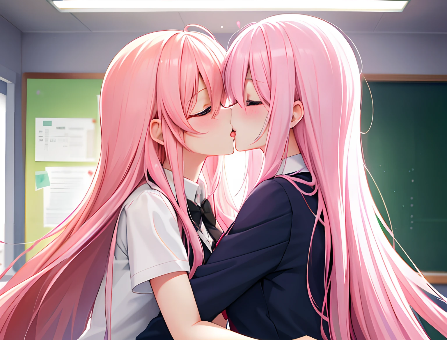 HighestQuali,Both stick out their tongues,deep kisses,Kiss,2girls,Girl1:adolable,A pink-haired,long whitr hair,girl 2:adolable,A pink-haired,long whitr hair,Symmetrical_docking,kissing and hugging,In the classroom