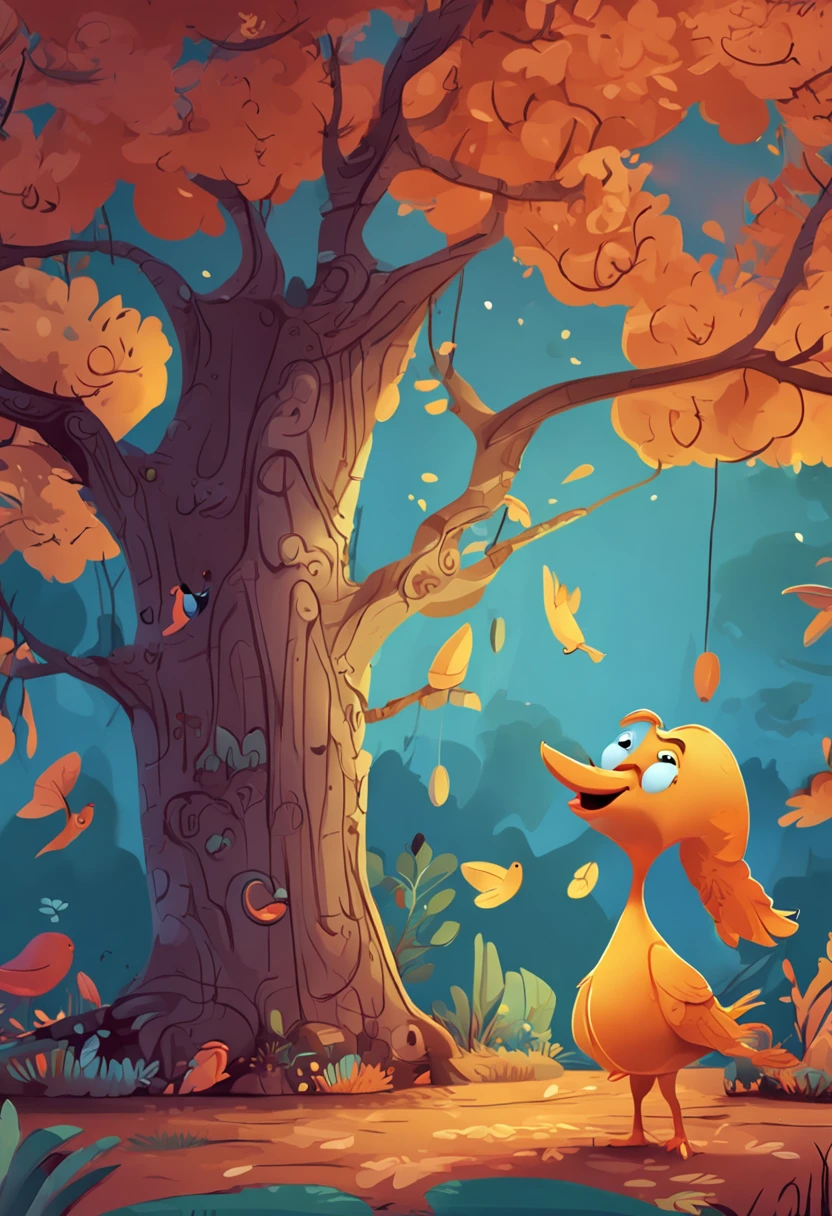 Generate a cartoon character of a Tree that is laughing, birds around the tree are singing and its a sunny day in the morning