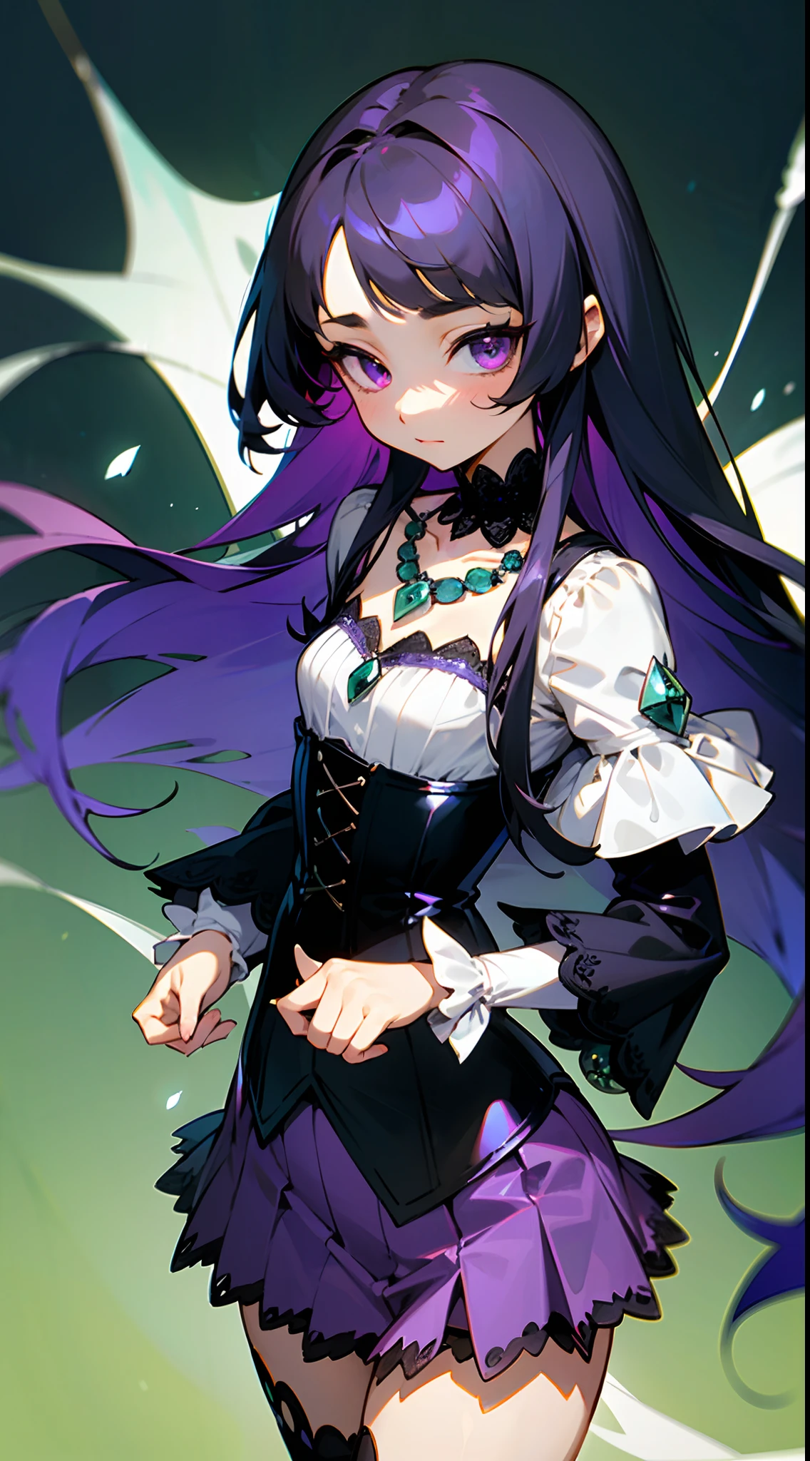 One female, cute. Small chest size. Shy. Long black and hair with purple shite; Cute bangs. Striking purple eyes. Shy. She wears an outfit with lace (Colors are Black and purple); Corset, Miniskirt, bell sleeves, She wears a necklace with sea green jewel. High Resolution.