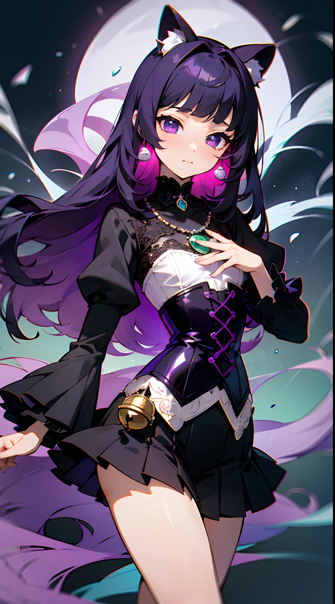 One female, cute. Small chest size. Shy. Long black and hair with purple shite; Cute bangs. Striking purple eyes. Shy. She wears an outfit with lace (Colors are Black and purple); Corset, Miniskirt, bell sleeves, She wears a necklace with sea green jewel. High Resolution.