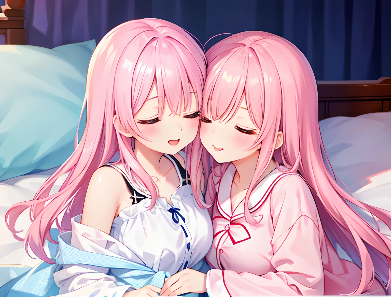 maximum quality、A Masterpiece、with high resolution、highly detail、8K、two girl、cuddly、Anime、crystal clear white skin、Functional、all body、、14yo、(Hair color is shiny ght pink)、While sleeping、Cute summer pajamas、Beautiful cute、On a cute bed、Midnight、Clothes are disheveled、asleep、both of them extend their tongues and kiss deeply、 Entwining their tongues with each other, clear soggy mucus dripping from their mouths、Feels、Naughty face