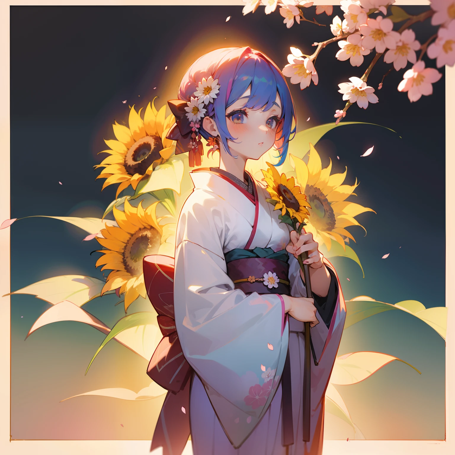 (Beautifully Aesthetic:1.2)、(1girl in:1.3)、(colourful hair:1.2)、wearing Colorful kimono、mystical、Have a bouquet of cherry blossoms and sunflowers and autumn cherry blossoms and white chrysanthemums