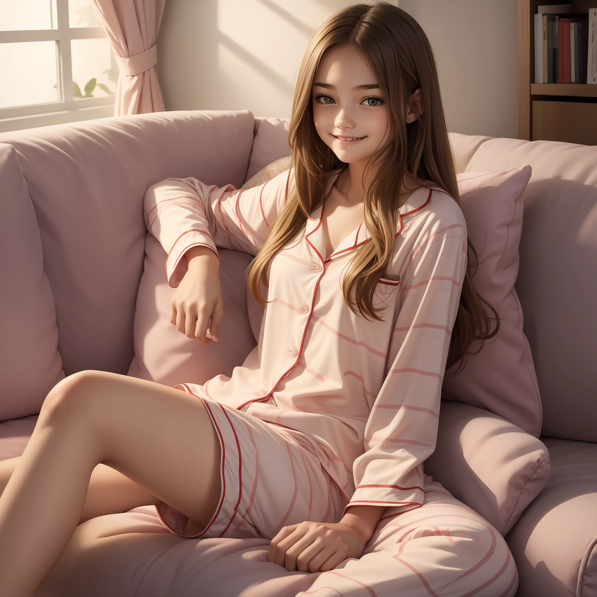 25 year old female, longye hair, neutral expression, traços ocidentais, pink pajamas, lying on her bed, dark bedroom, moonlight shining through the window