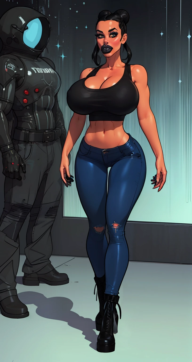 nerdy ((goth chick:1.3)) wearing (tight distressed black jeans)1.4, (perfect face), (black lipstick:1.3) detailed face, (symmetrical eyes), perfect nose, wearing a (tank top)1.2, (gigantic breasts:1.3) (space buns)1.3, low-rise dark jeans, combat boots, (large lips, bimbo style, thepit, perfect eyebrows)
