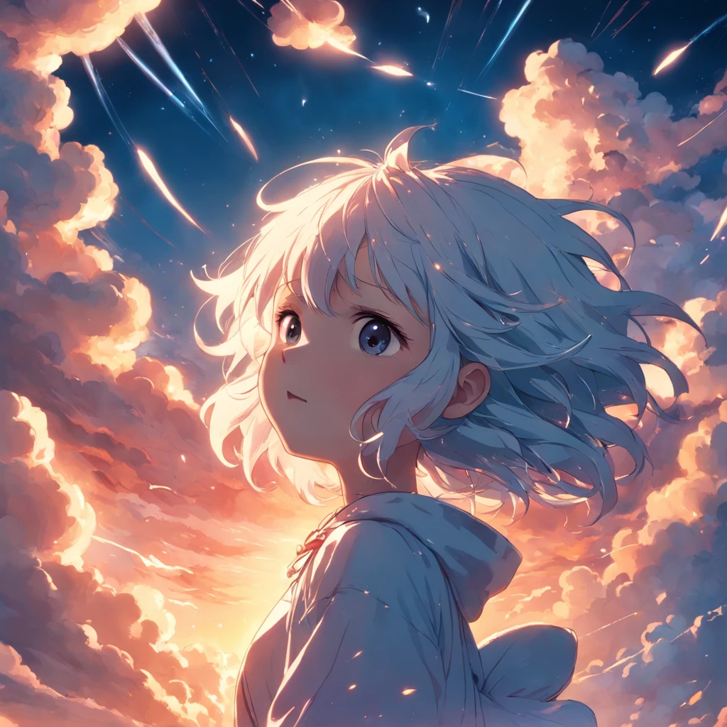 masterpiece, best quality, movie still, 1girl, cloud girl, floating in the sky, close-up, bright, happy, warm soft lighting, sunset, (sparks:0.7)
