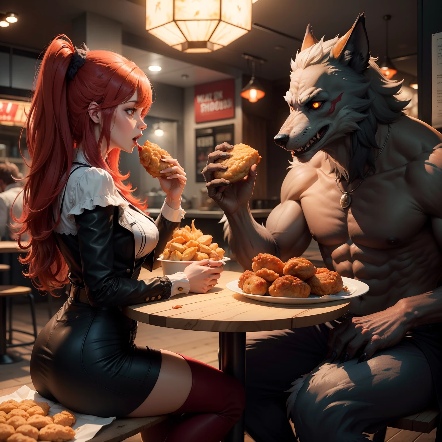 Werewolves eating fried chicken