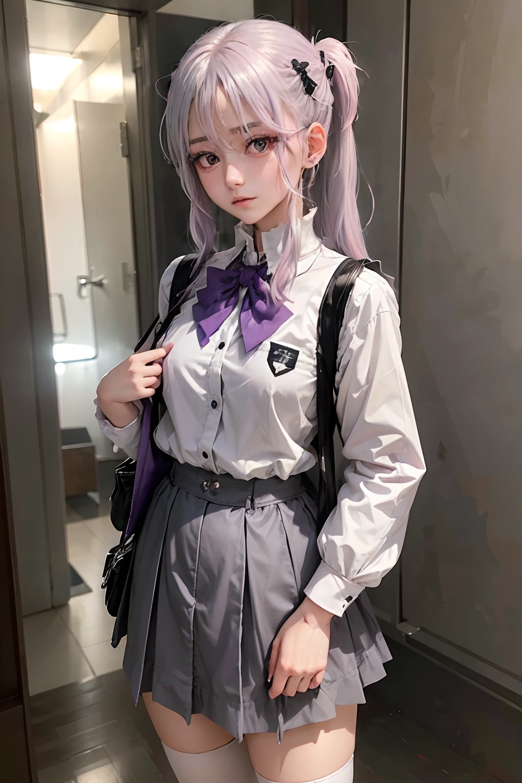 Girl with white hair, pinkish gray eyes, wearing a school uniform, a man with purple hair and white hair, black eye wearing a school uniform