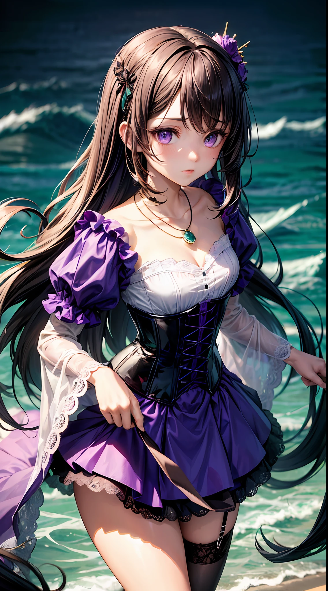 One female, cute. Small chest size. Shy. Long black and hair with purple shite; Cute bangs. Striking purple eyes. Shy. She wears an outfit with lace (Colors are Black and purple); Corset, Miniskirt, bell sleeves, She wears a necklace with sea green jewel. High Resolution.