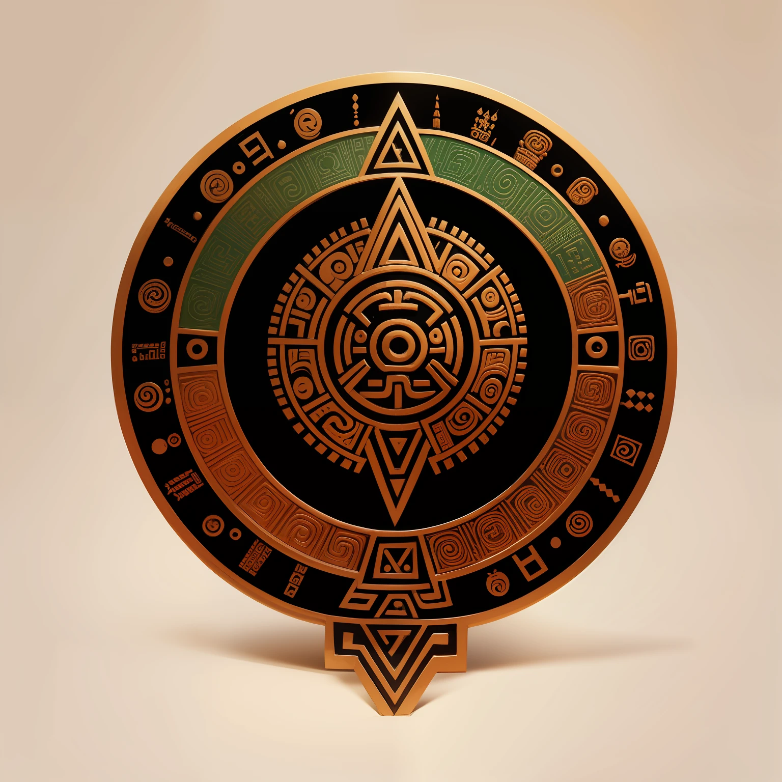 logotipo inspirado en el calendario azteca y las culturas precombinas aztecas y mayas, piramides tipo pegatina vector escudo azteca, escudo escolar, fondo blanco, sin luces ni sobras, unicamente vector