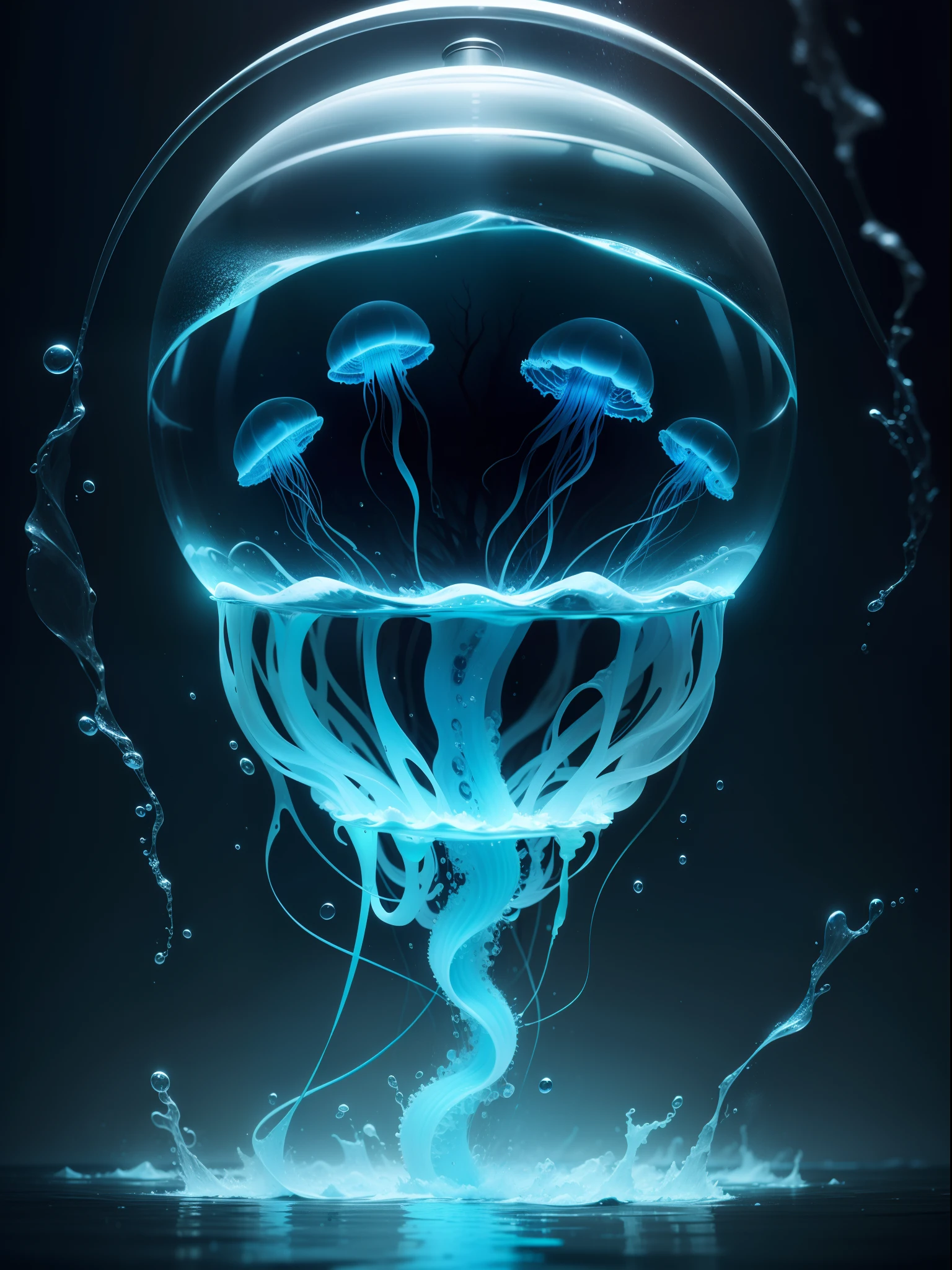Jellyfish in water in horror: 1.3 setting in a horror city Horror Styled Macabre, Full-HD, 1080p, 16k, Realistic, Hyperrealistic, Hyper Real