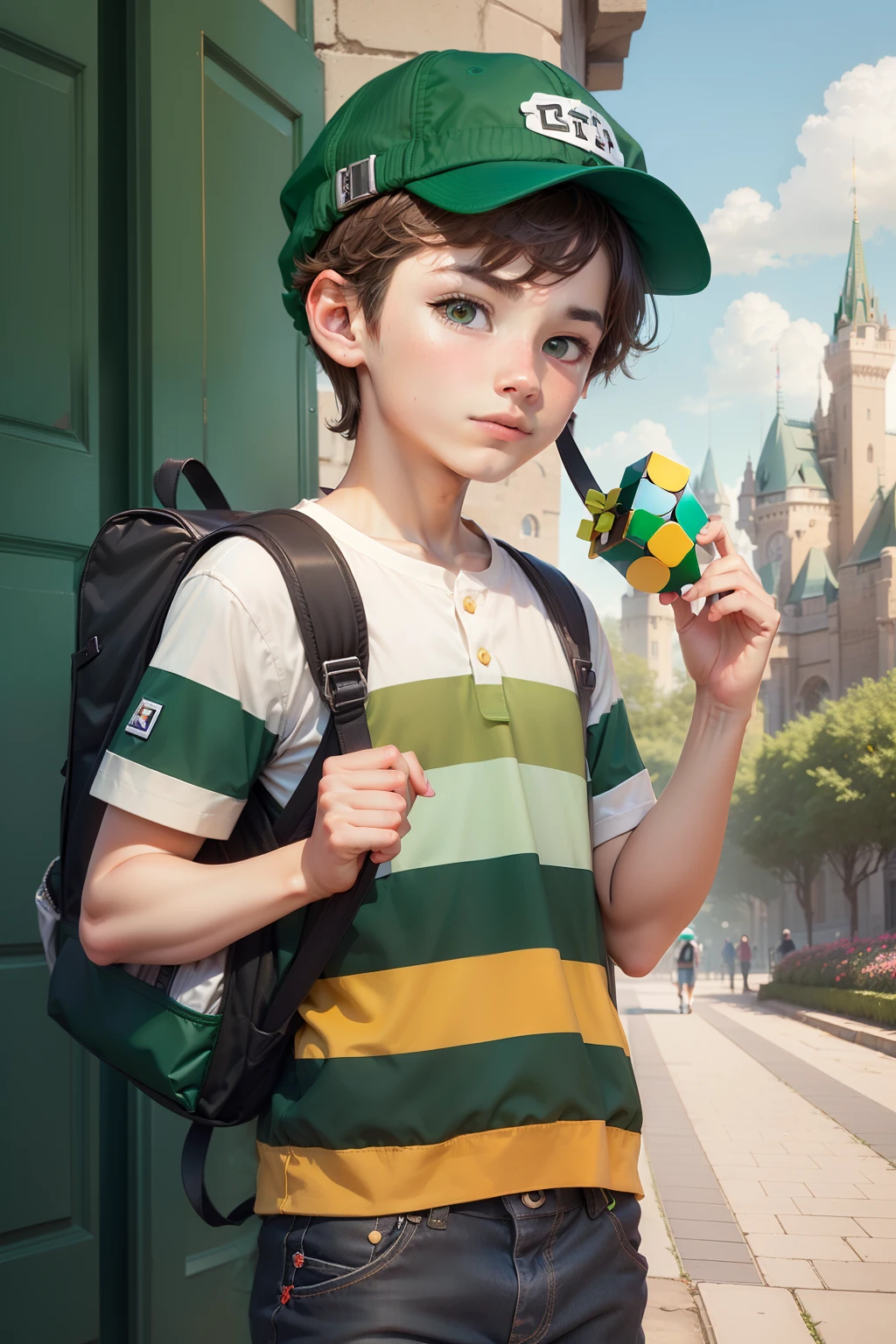 (Cute boy,brown hair,backpacks,Green and white striped shirt,Green hat),(Rubik's Cube in hand,Open the gateway to a magical and colorful world)