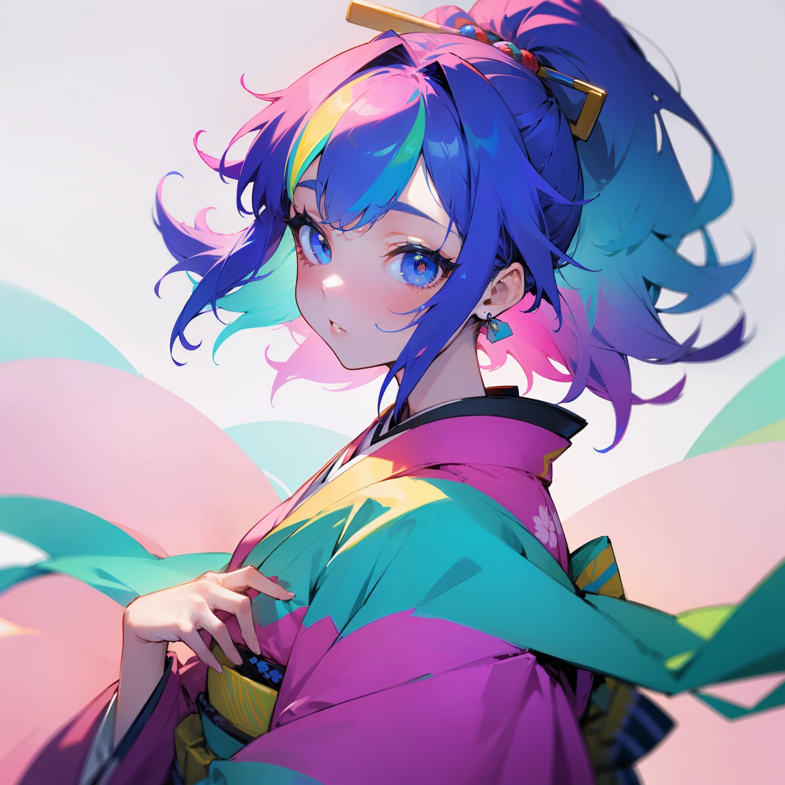 (Beautifully Aesthetic:1.2)、(1girl in:1.3)、(colourful hair:1.2)、wearing Colorful kimono、