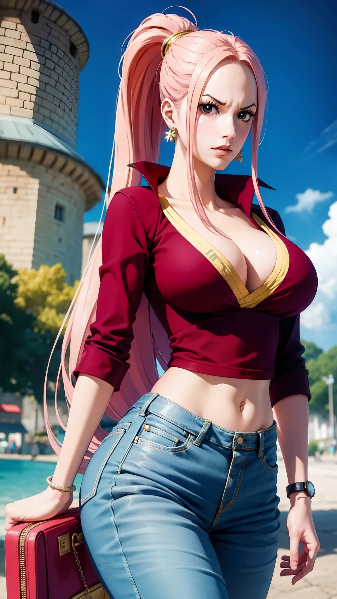 hina from anime one piece, long hair, pink hair, ponytail, perfect body, perfect boobs, beautiful woman, very beautiful, wears black oversized t-shirt, short jeans, wears a handbag, wears a watch, wears earrings, super market, Realism, masterpiece, textured skin, super detailed, high detail, high quality, best quality, 1080P, HD, 16k