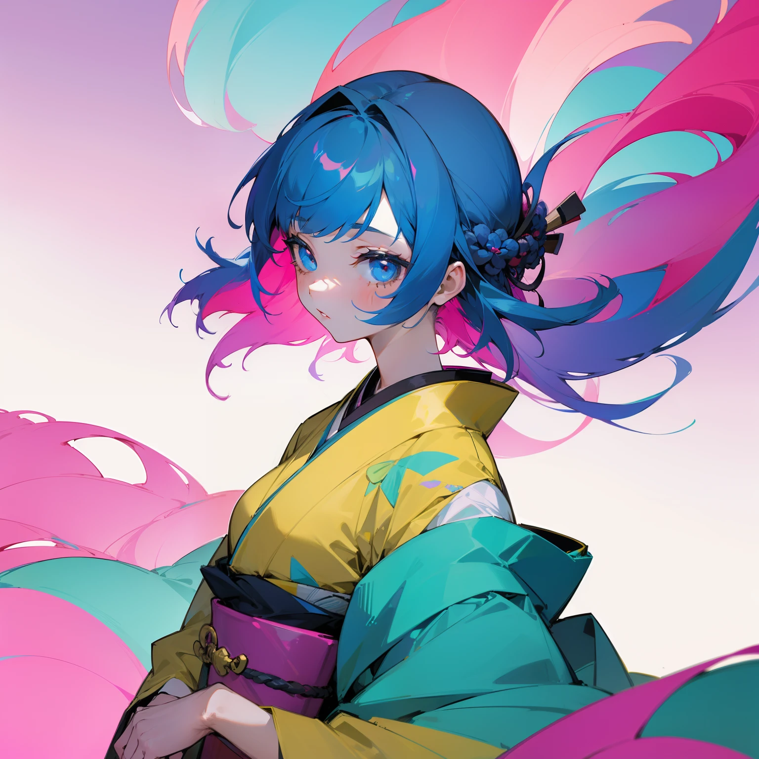 (Beautifully Aesthetic:1.2)、(1girl in:1.3)、(colourful hair:1.2)、wearing Colorful kimono、