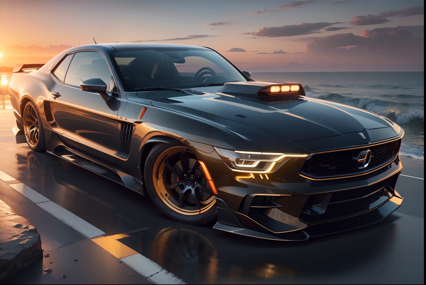 ((Best quality, 8K, Masterpiece: 1.3)),((Amazing detail: 1.2)),((illustration: 1.1)),Sunset,synthetic wave，The Car