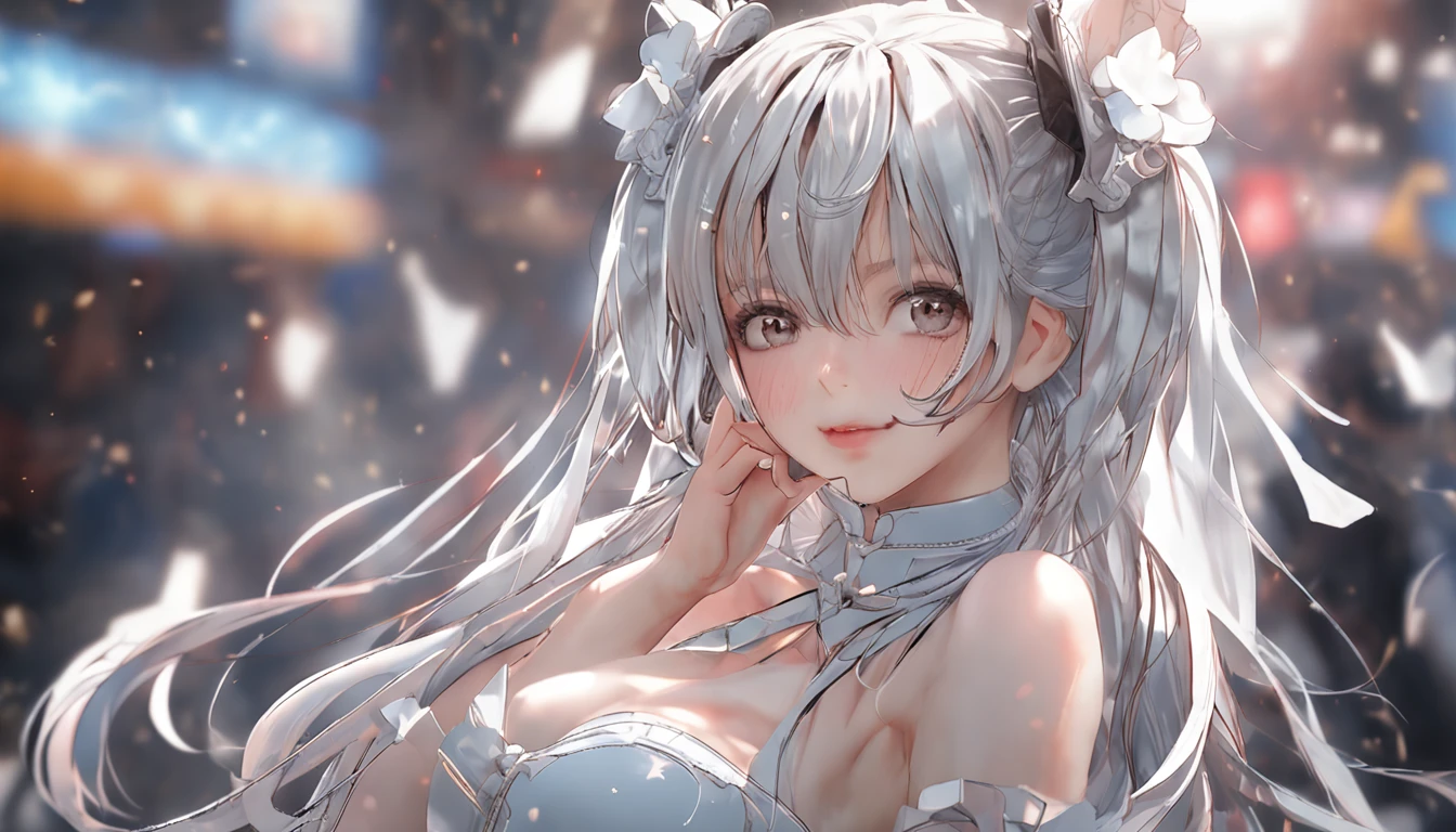 (Raw foto:1.2), (Photorealsitic:1.4), a beautiful detailed girl, Twin-tailed、extremely detailed eye and face, beatiful detailed eyes, a smile、huge filesize, ultra-detailliert, hight resolution, ighly detailed, top-quality, masterpiece, illustratio, CG, unification, magnifica, finely detail, Highly detailed CG uniform 8k wallpaper, Light on the face、电影灯光、 girl、sexy pose、Maids