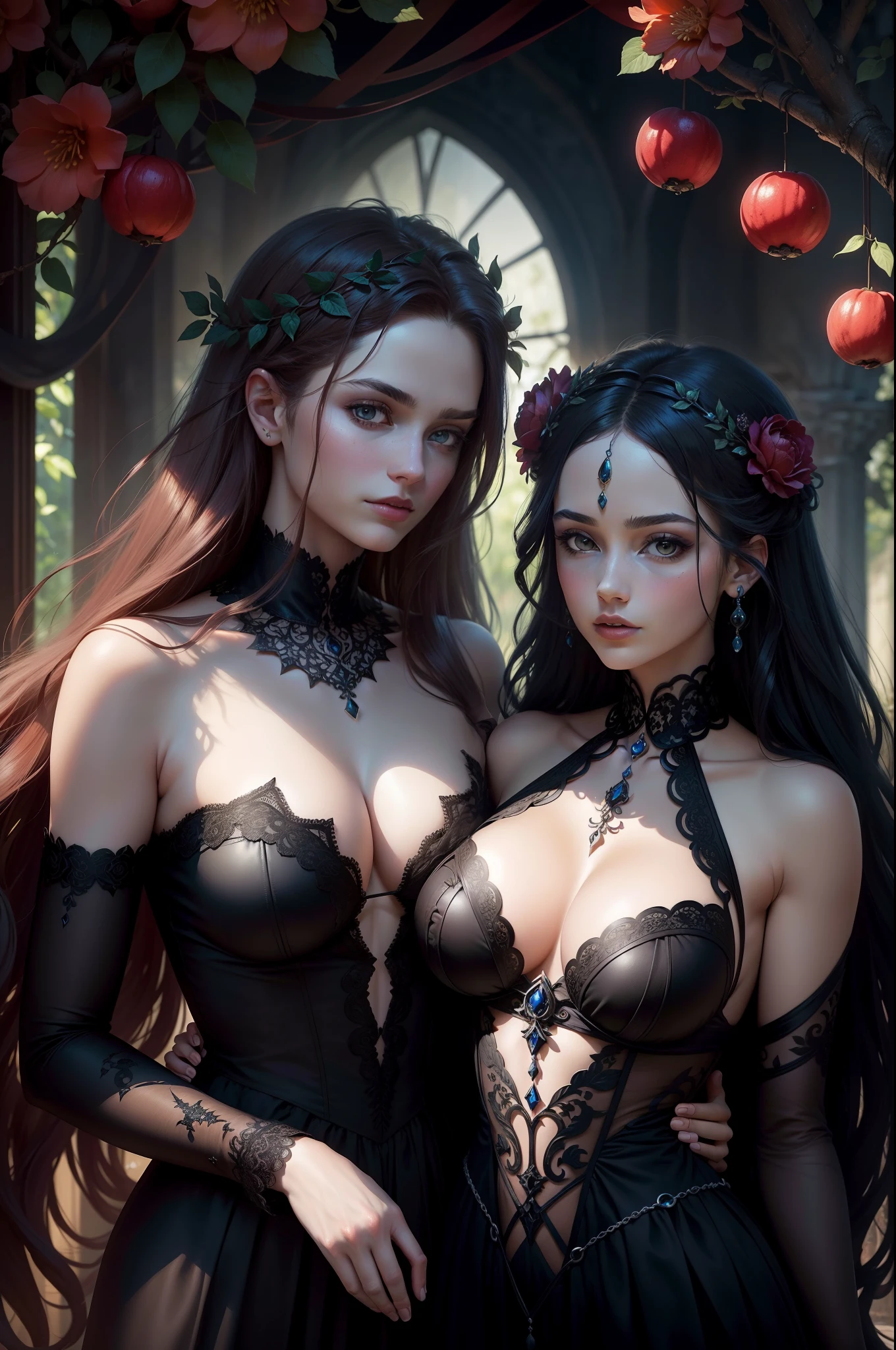 Create a striking image portraying the enduring love story of Greek gods Persephone and Hades. In a lush, mythological garden, Persephone, goddess of spring, radiates life, surrounded by blossoms. Emerging from shadows, Hades, god of the underworld, offers a pomegranate symbolizing their bond. Both wear opulent gothic attire adorned with celestial motifs. Stars above twinkle in a dark, celestial canopy. This artwork captures their deep love with a gothic touch, merging light and darkness to evoke their mythic union