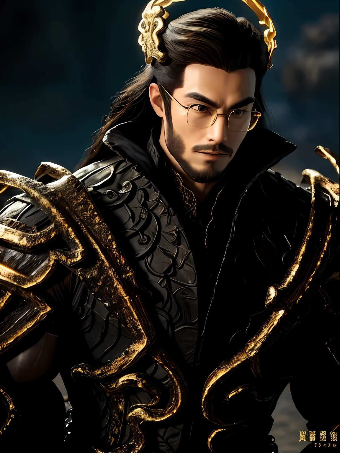 Best quality, Masterpiece, 超高分辨率, Photorealistic, (mascular, Strong bodybuilder) A man in black and gold armor, shelmet, Detailed skin, Facial hair, Long beard, Cinematic lighting, black shadows, Long black hair, Biomechanical environment,seaside backgroud,Blue sky,fantasy,lamplight,realisticlying, The is very detailed, 复杂, high detal,full bodyesbian,Behind the halo,wears glasses