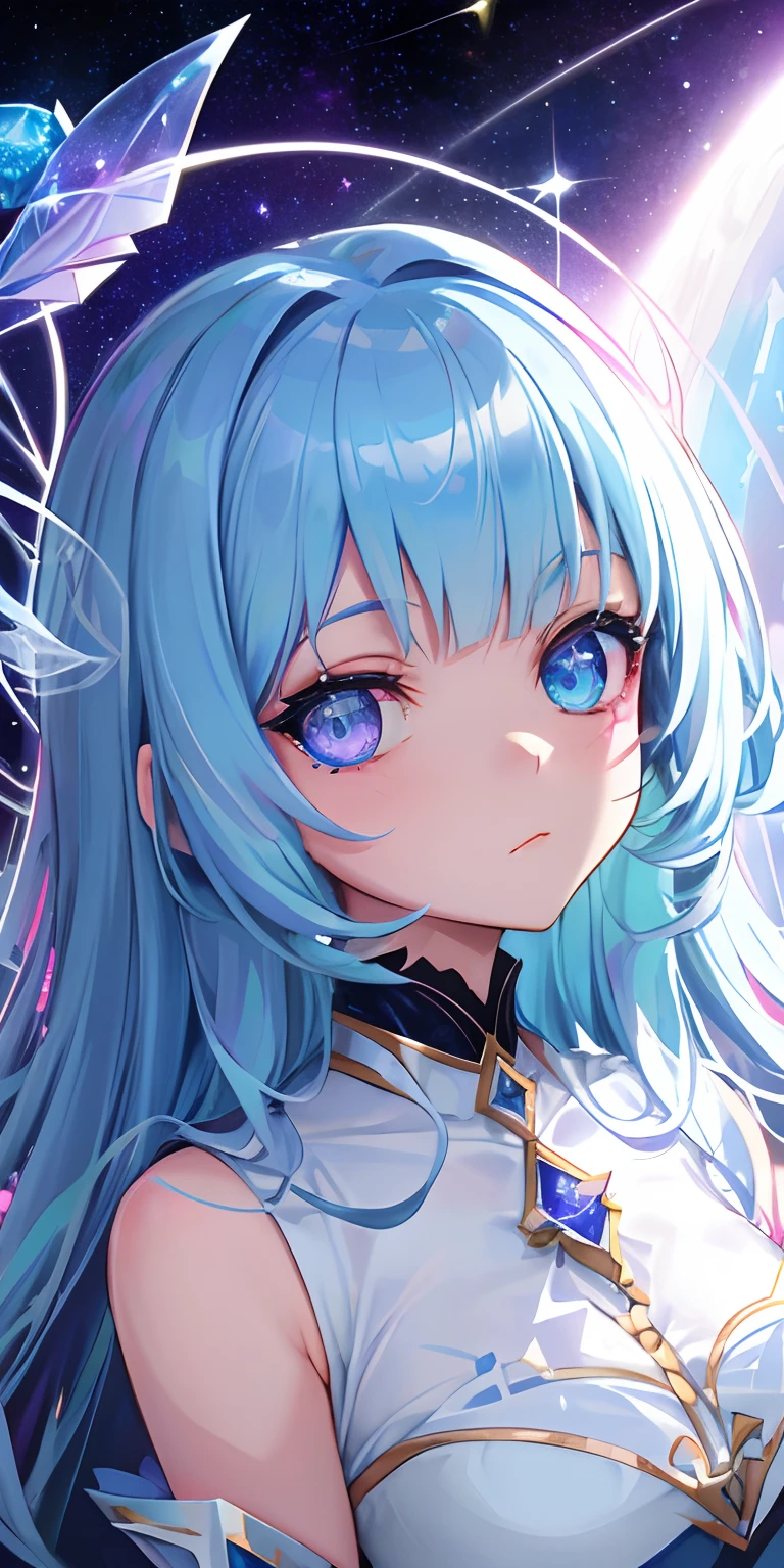Space heterochromic eye girl,A jewel in the sky,Inspired by the ethereal work of Jasmine Becket-Griffith,Blue-violet shade stardust shimmer,The girl gazed pensively,Enchanting beauty is ultra-clear